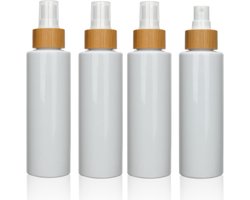 COSIDEA 4pcs Empty Plastic 150ml 5oz bottles with bamboo spray atomization pump White PET flat shoulder bottle for refill aqueous cosmetics