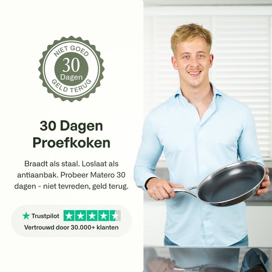 Jonge man met een Matero koekenpan, met 30 dagen proefkoken garantie en Trustpilot beoordelingen.