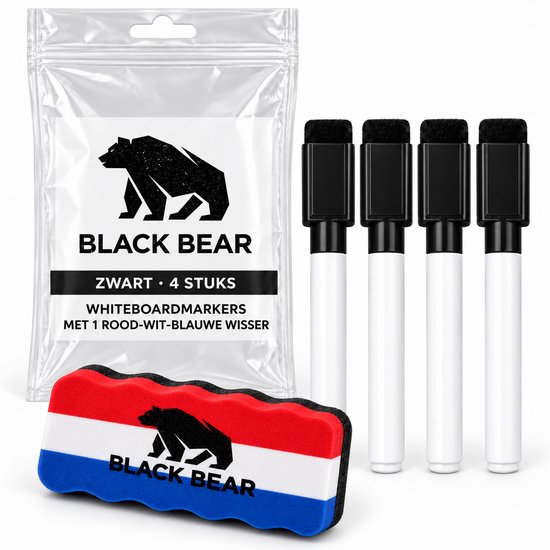 Set van vier zwarte whiteboardmarkers in verpakking met een rood-wit-blauwe Black Bear wisser.