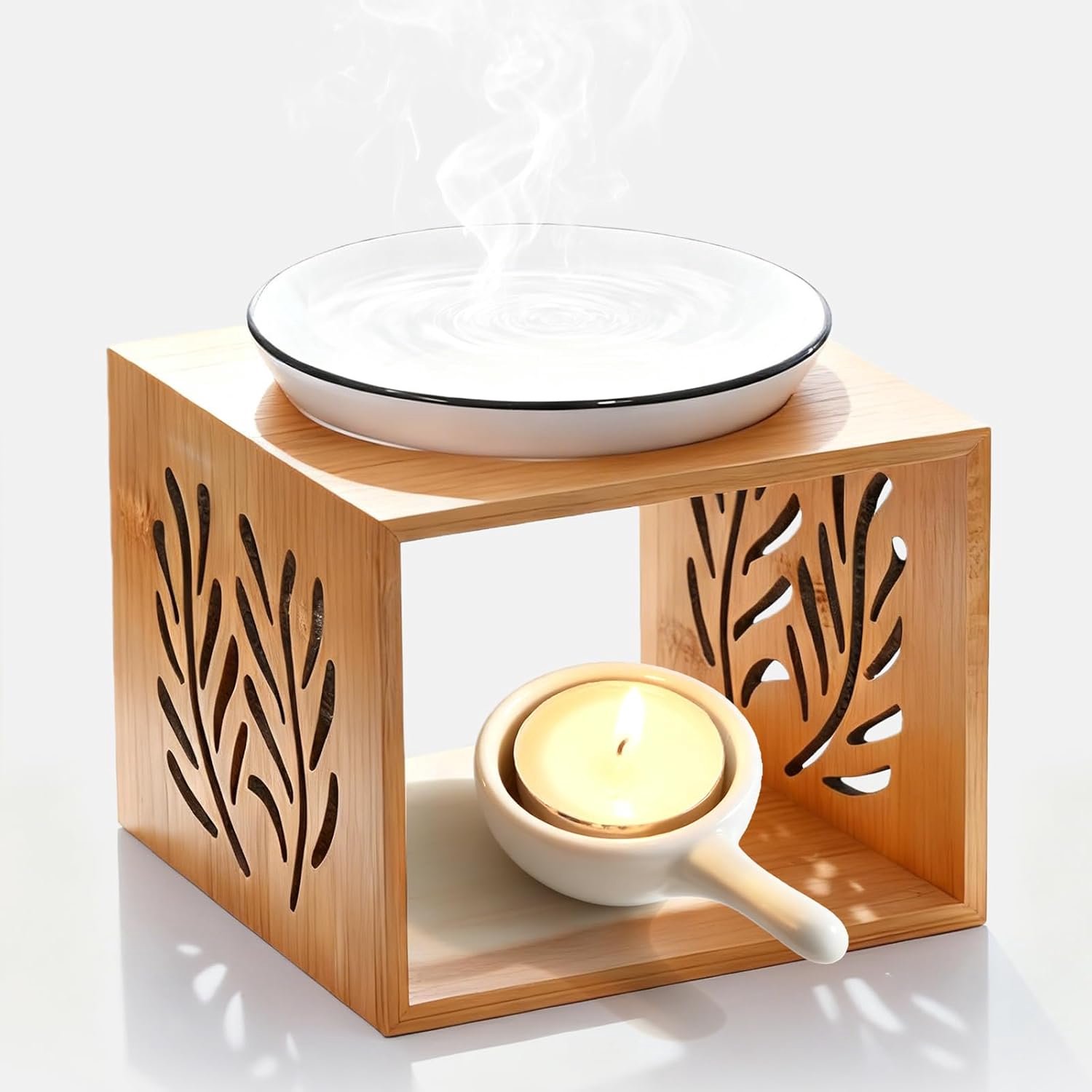 Aroma lamp 115 x 115 x 82 mm - keramische schaal - houten frame - creëert een warme sfeer - Homevero