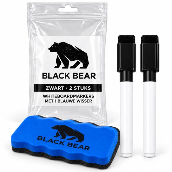 Verpakking met twee zwarte BlackBear whiteboardstiften en één blauwe wisser.