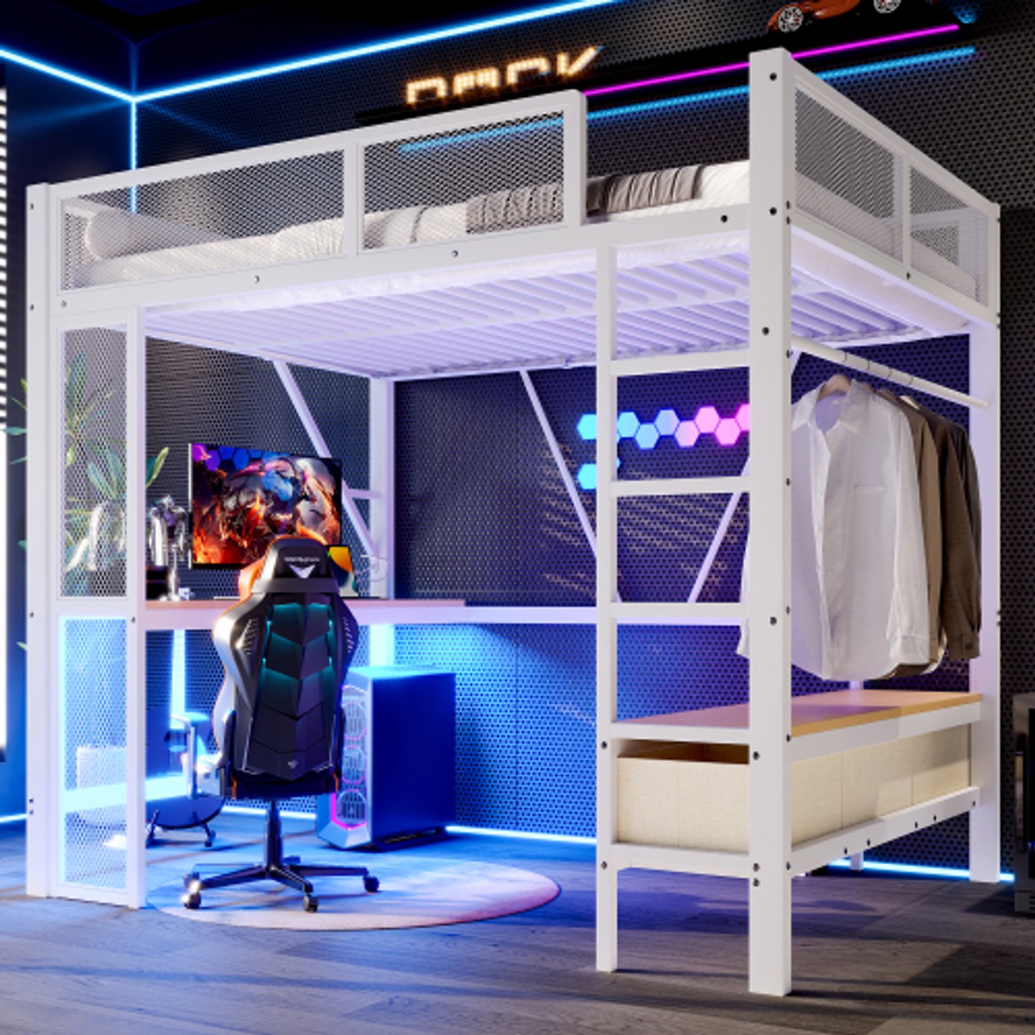 Zubaliya Kinderbed, Tweepersoonsbed, 140 x 200 cm Metalen speelhoogslaper met USB, LED, bureau, open kledingkast en 3 waslades, Wit