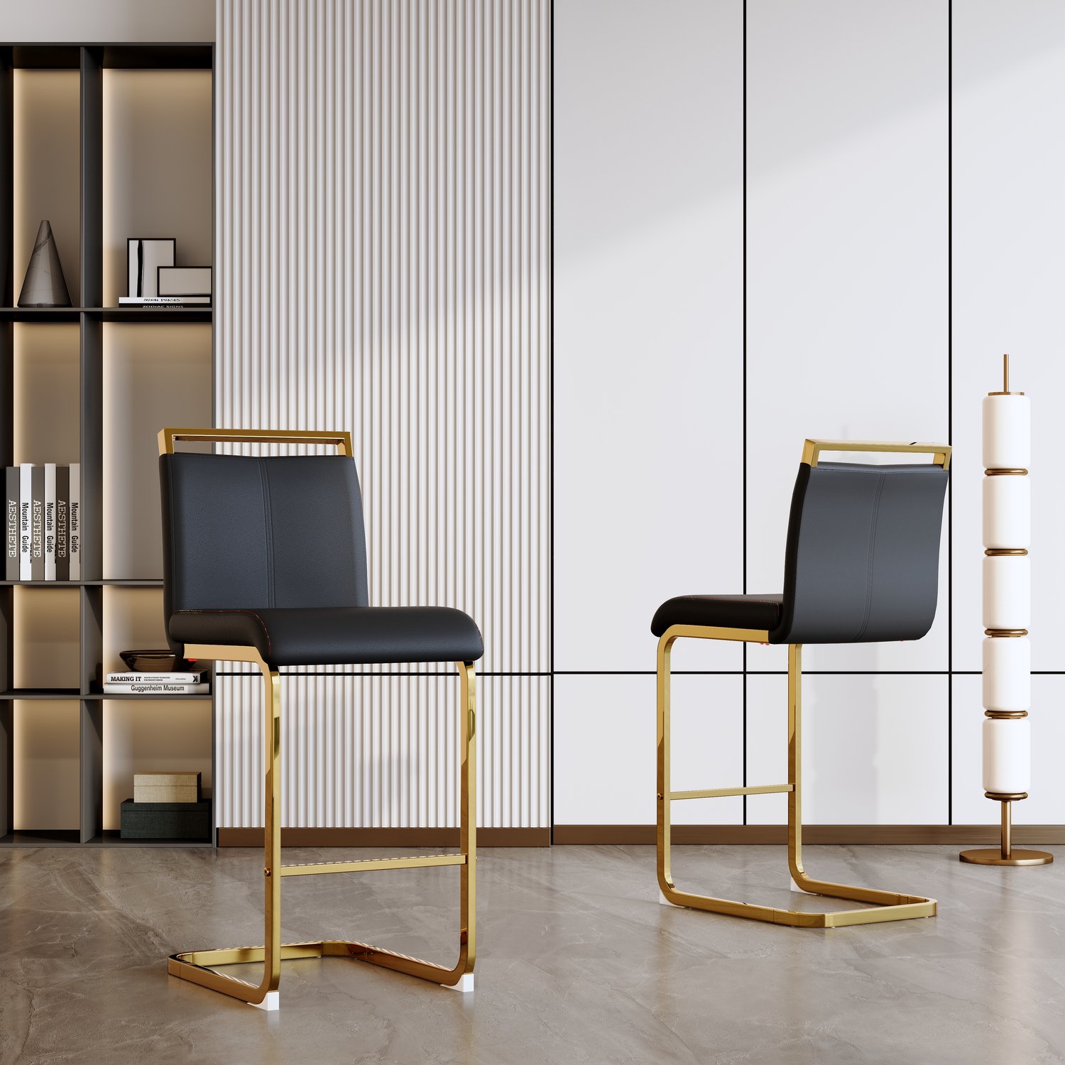 DantefHandels Barkrukken Set van 2, Scandinavische Stijl, Zwart Kunstleer, Goudkleurige Metalen Poten, Scandinavisch design, geschikt voor keuken, kookeiland, bartafel en café zwart+gold