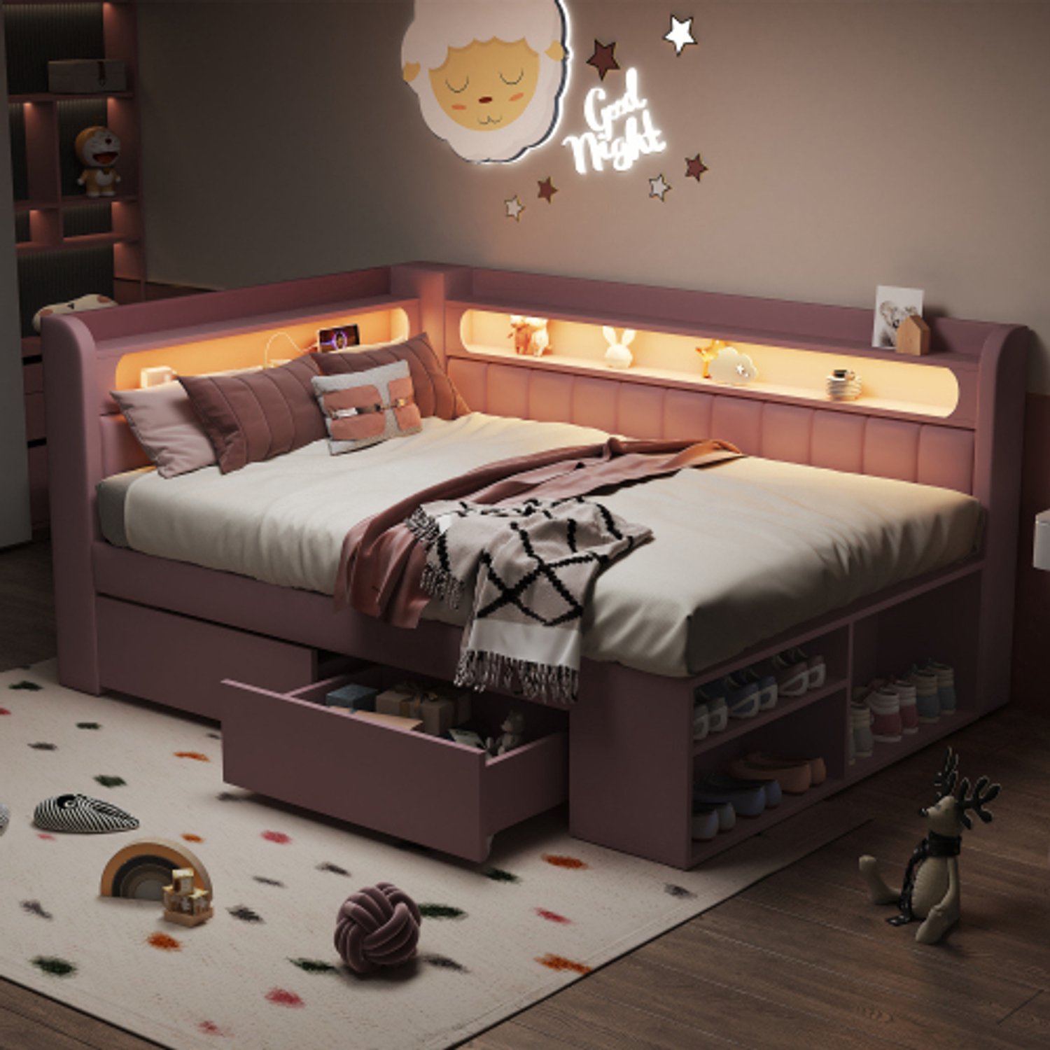 Zubaliya Gestoffeerde slaapbank 90x200cm met USB-aansluiting en LED-lichtstrip, Kinderbed, Eenpersoonsbed, inclusief schoenenkast en twee lades, Roze
