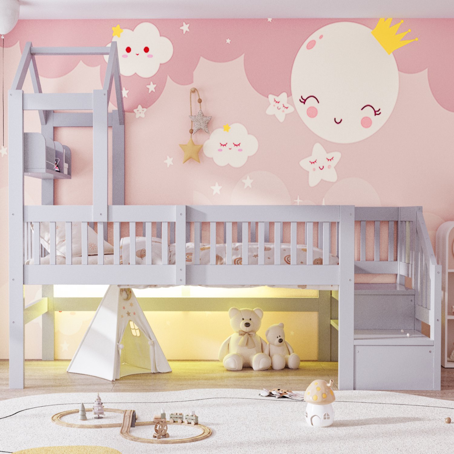 Sweiko Halfhoogslaper - 90 x 200 cm - Houten kinderbed - Met opbergrek - Oplaadpunt - LED-verlichting - Grijs