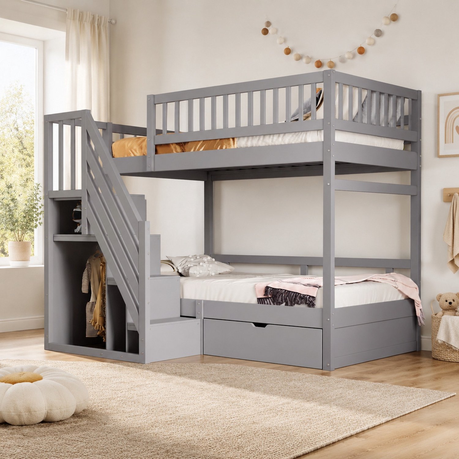 MIVRAY Stapelbed 90x200 cm - Met Hoge Veiligheidshekken En Opbergtrap - Met Lades En Lattenbodems - Houten - Grijs