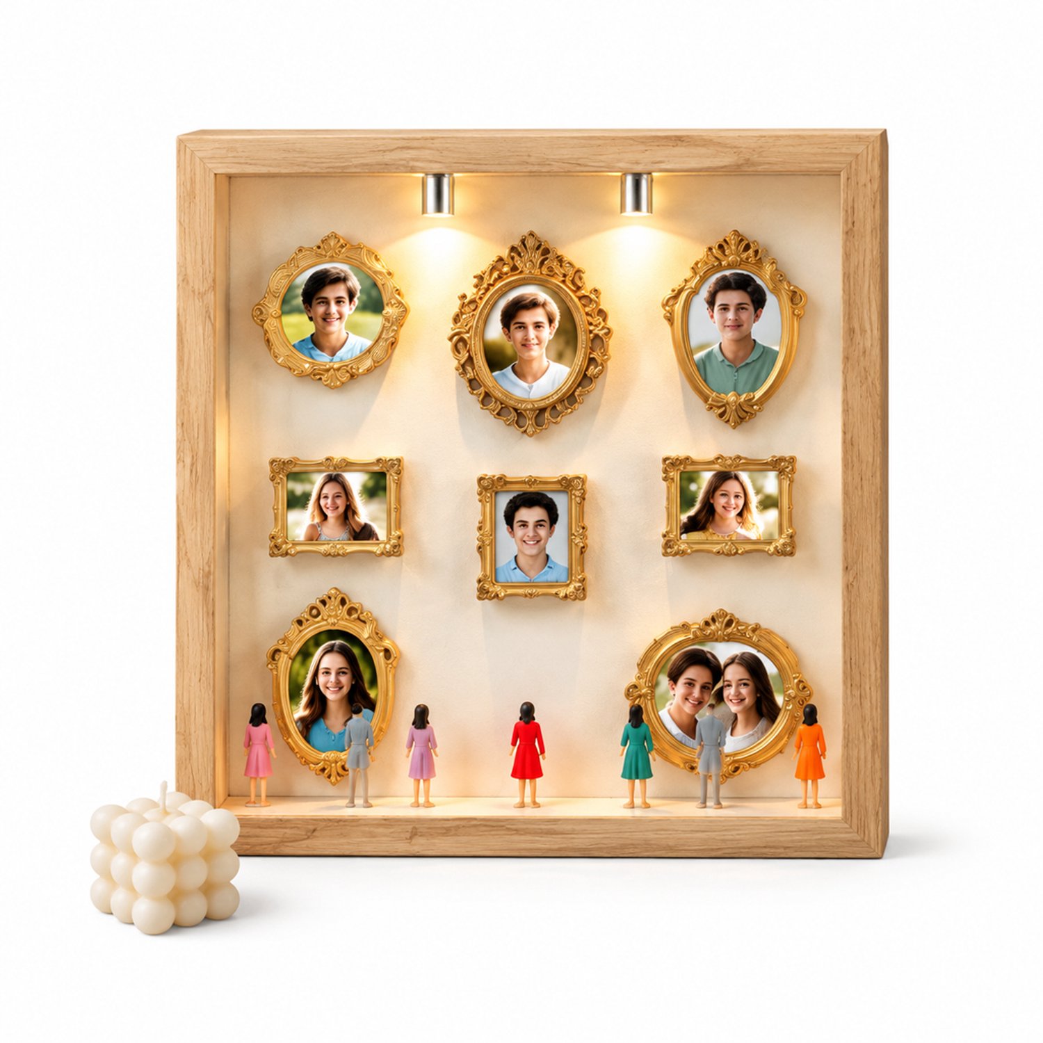 SWGOTA Naturelkleurige MDF displaylijst, binnenmaat 17,8 x 17,8 x 3 cm, met 8 miniatuurlijsten, 8 willekeurige figuurtjes en 2 lampjes