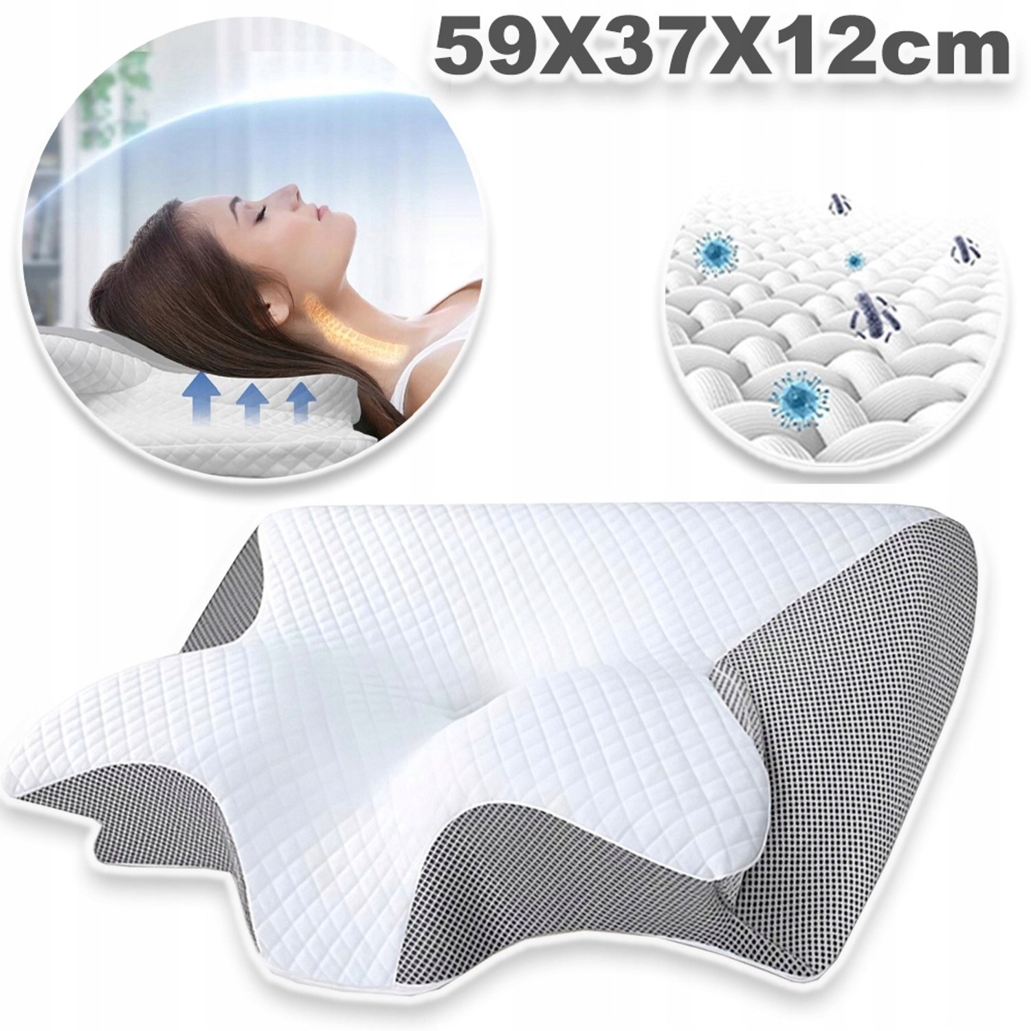 JIMUYU Ergonomisch Vlinderkussen Traagschuim - 59x37cm Memory Foam Nekkussen met Ademende Ventilatiegaten - Voor Zijslapers, Rugslaper & Buikslapers - Afneembare en Wasbare Hoes - Wit Witgrijs