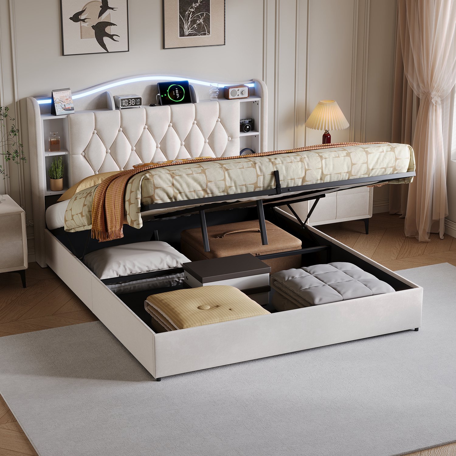 Yelenaro Gestoffeerd bed 160x200 cm met LED-Verlichting, Type-C- en USB-Aansluitingen, Hydraulisch Tweepersoons bed met 7 Opbergvakken in het Hoofdeinde, Fluweel Beige
