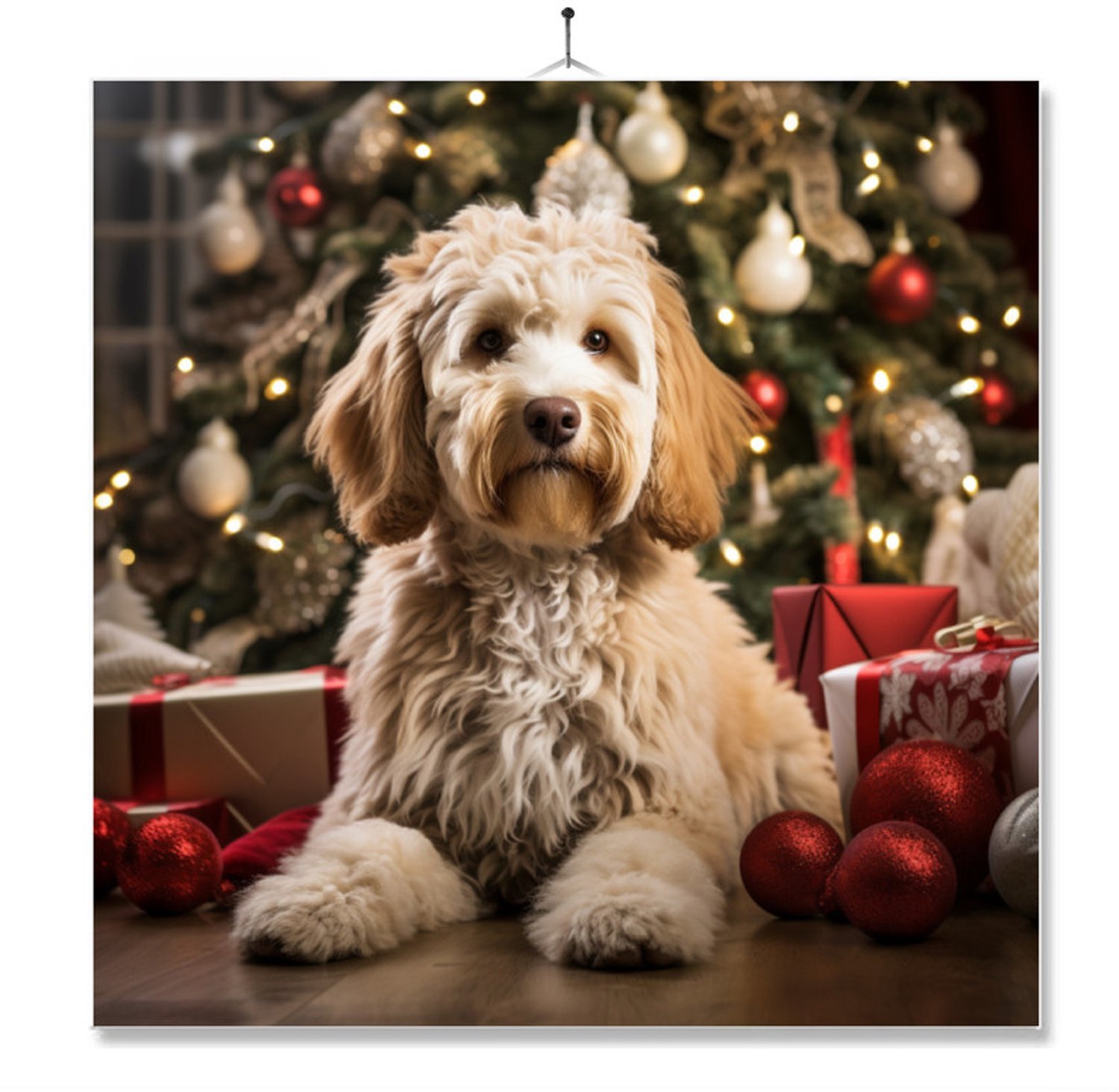 MC Living Tegel Met Opdruk | Geschenk | Hond Bij Kerstboom | Labradoodle ontwerp 2