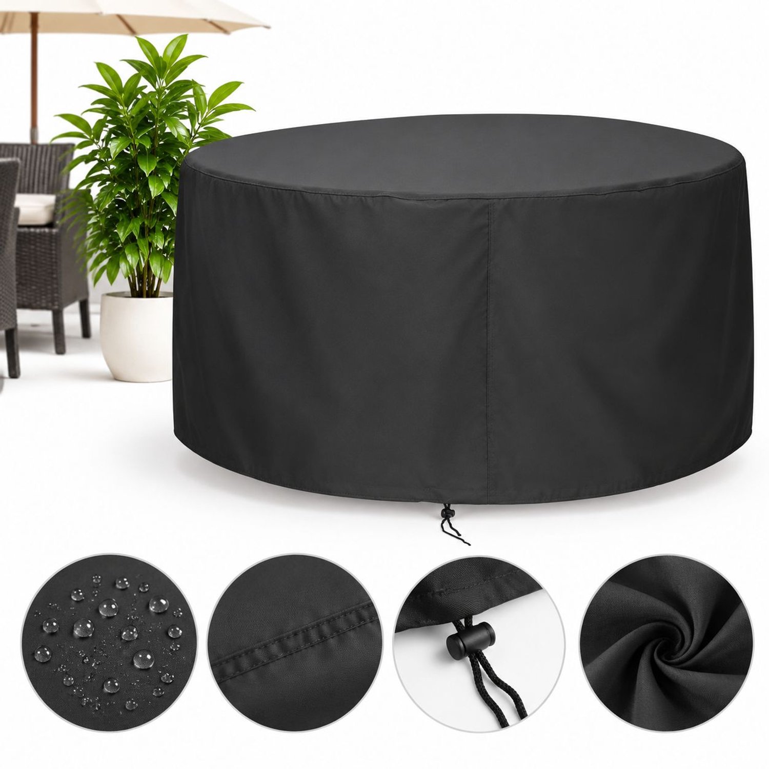 VHV Hoes - Tuintafel - Tuinstoelhoes - Beschermhoes Tuinmeubel - tuintafel hoes rond - Waterdicht Winddicht UV - bestendig - 185cm x 110cm - 1stuk - zwart zilver