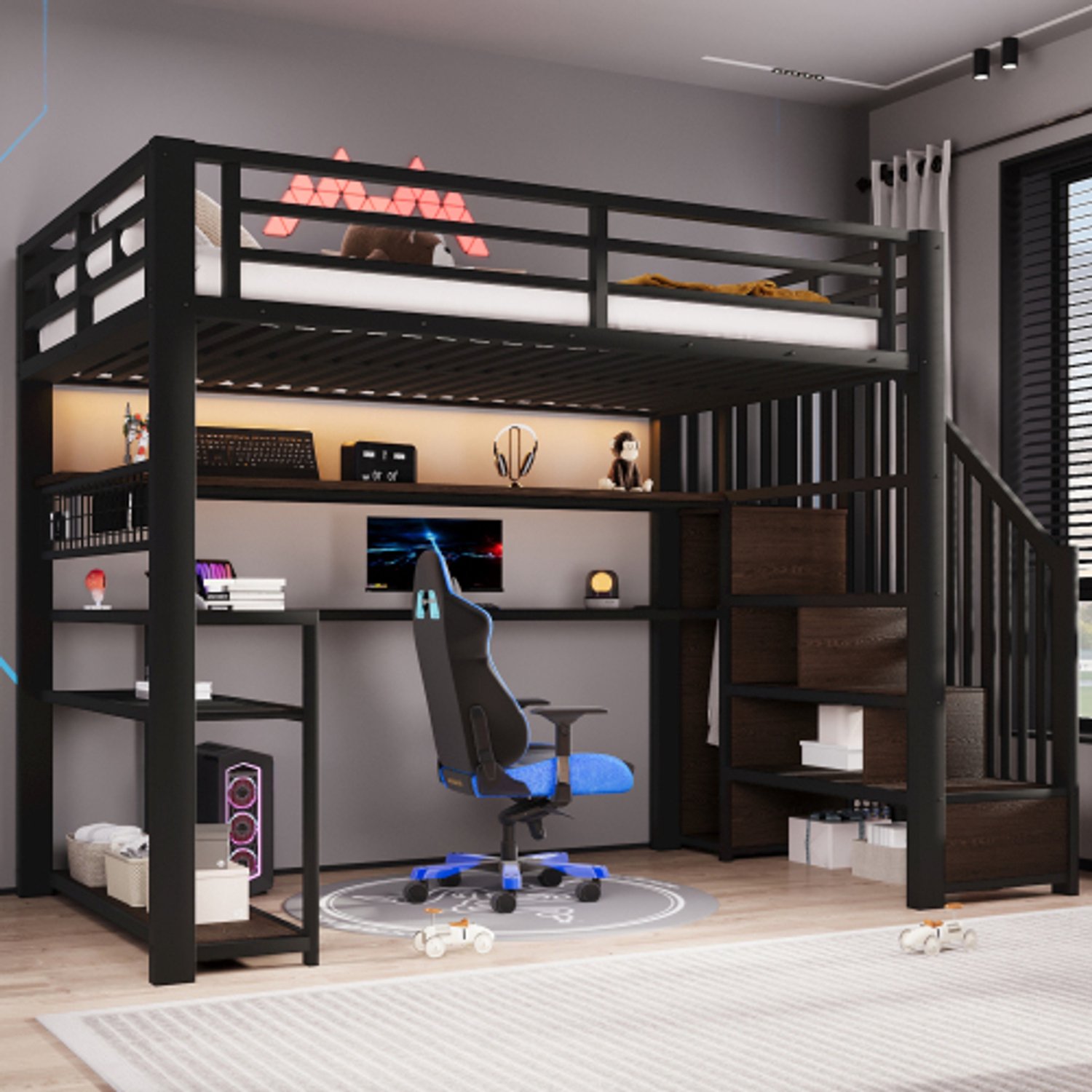 Zubaliya Kinderbed, Eenpersoonsbed, 90x200 Metalen gaming-hoogslaper met LED, kledingkast, bureau & opbergruimte, Zwart