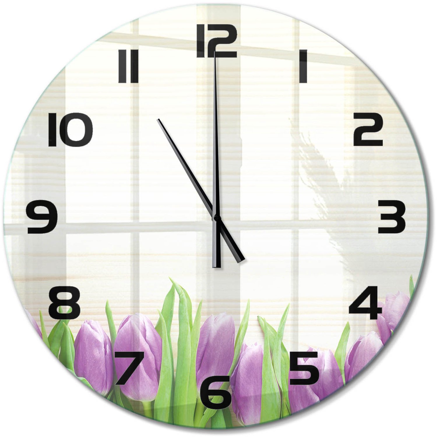 TULUP Wandklok - Paarse tulpen Moderne Wandklok Glas - fi60 cm - Paars Wandklok Glas Decoratie - Zwarte handen - Ronde Klok - Glazen Wandklok Design - Klok Glas Met Opdruk
