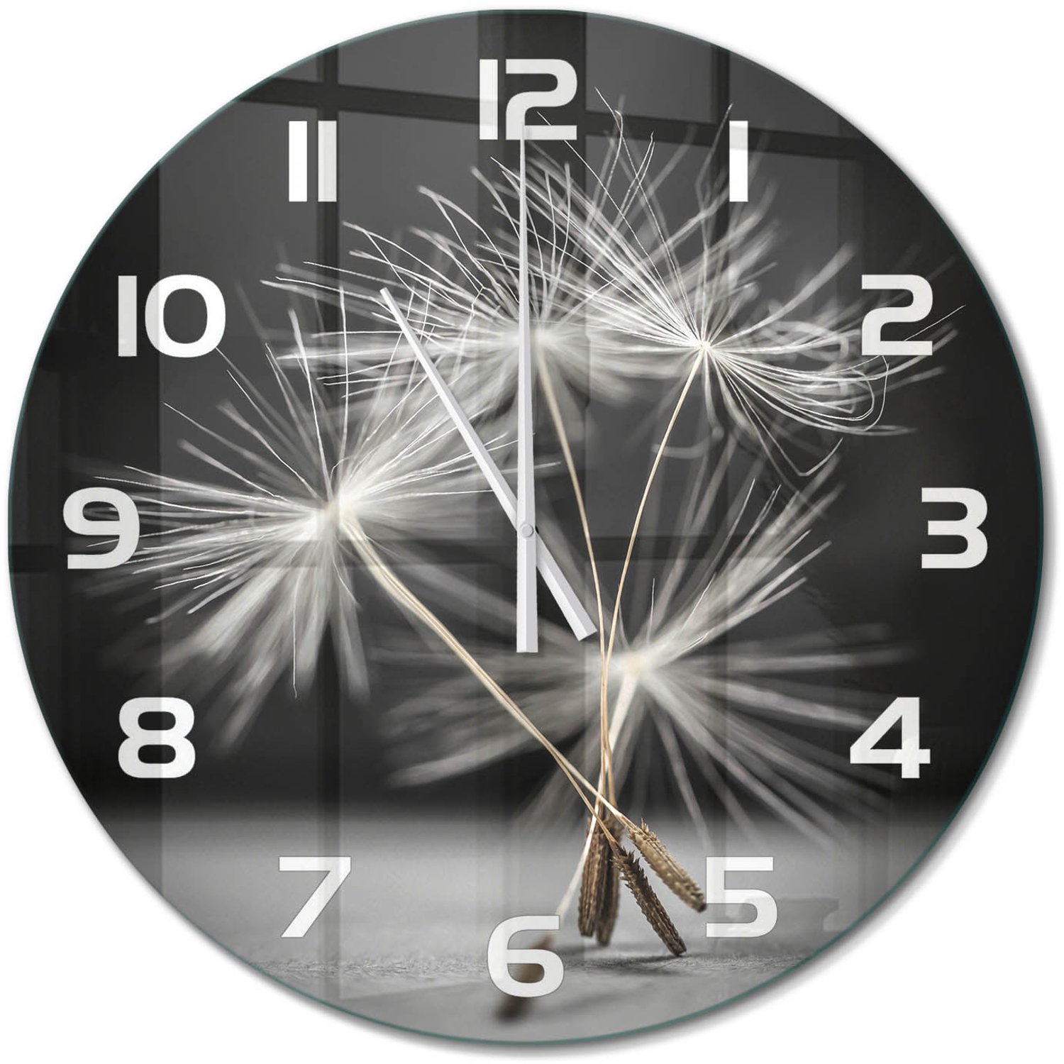 TULUP Wandklok - Paardenbloemzaden Klok Glas Met Opdruk - fi60 cm - Zwart-wit Moderne Wandklok Glas - Witte handen - Ronde Klok - Decoratieve Glazen Klok - Glazen Wandklok Design