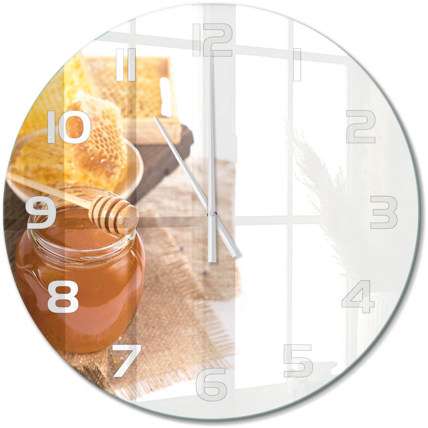 TULUP Wandklok - Honing Decoratieve Glazen Klok - fi60 cm - Geel Glazen Wandklok Design - Witte handen - Ronde Klok - Glazen Klok Met Print - Wandklok Glas Met Motief