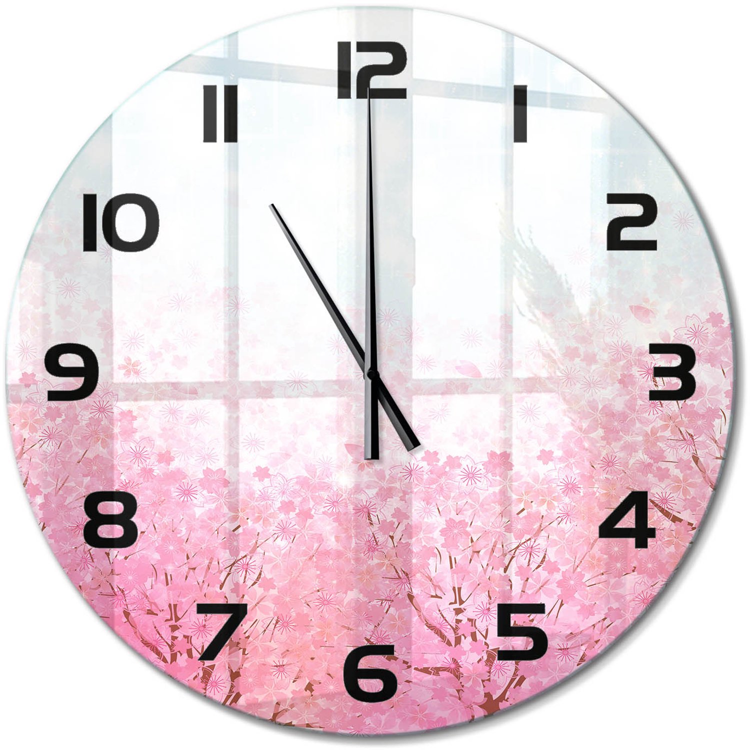 TULUP Wandklok - Kersenbloesem Glazen Klok Met Print - fi60 cm - Roze Wandklok Glas Met Motief - Zwarte handen - Ronde Klok - Wandklok Glas Decoratie - Gekleurde Glazen Klok