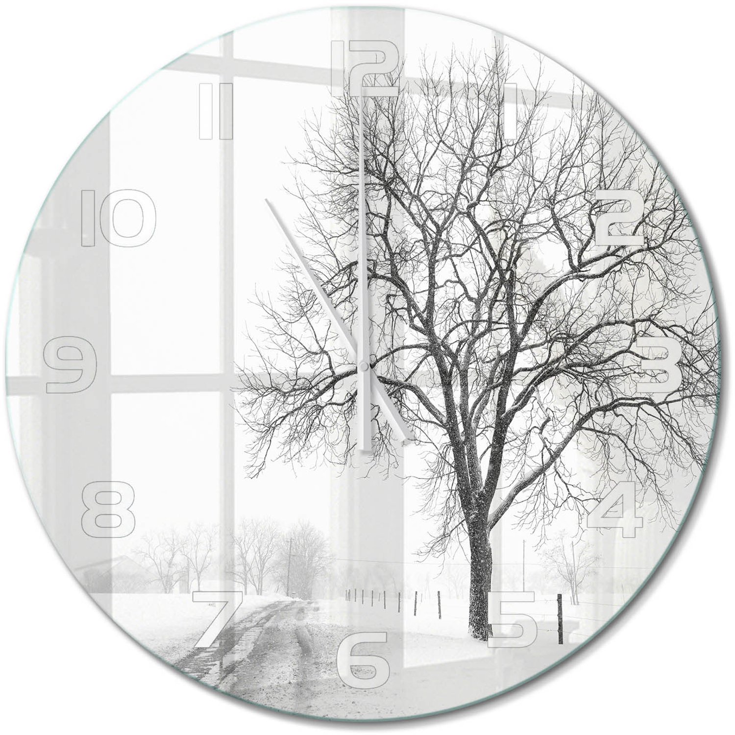TULUP Wandklok - Winterboom Glazen Wandklok Design - fi60 cm - Wit Klok Glas Met Opdruk - Witte handen - Ronde Klok - Wandklok Glas Met Motief - Decoratieve Glazen Klok