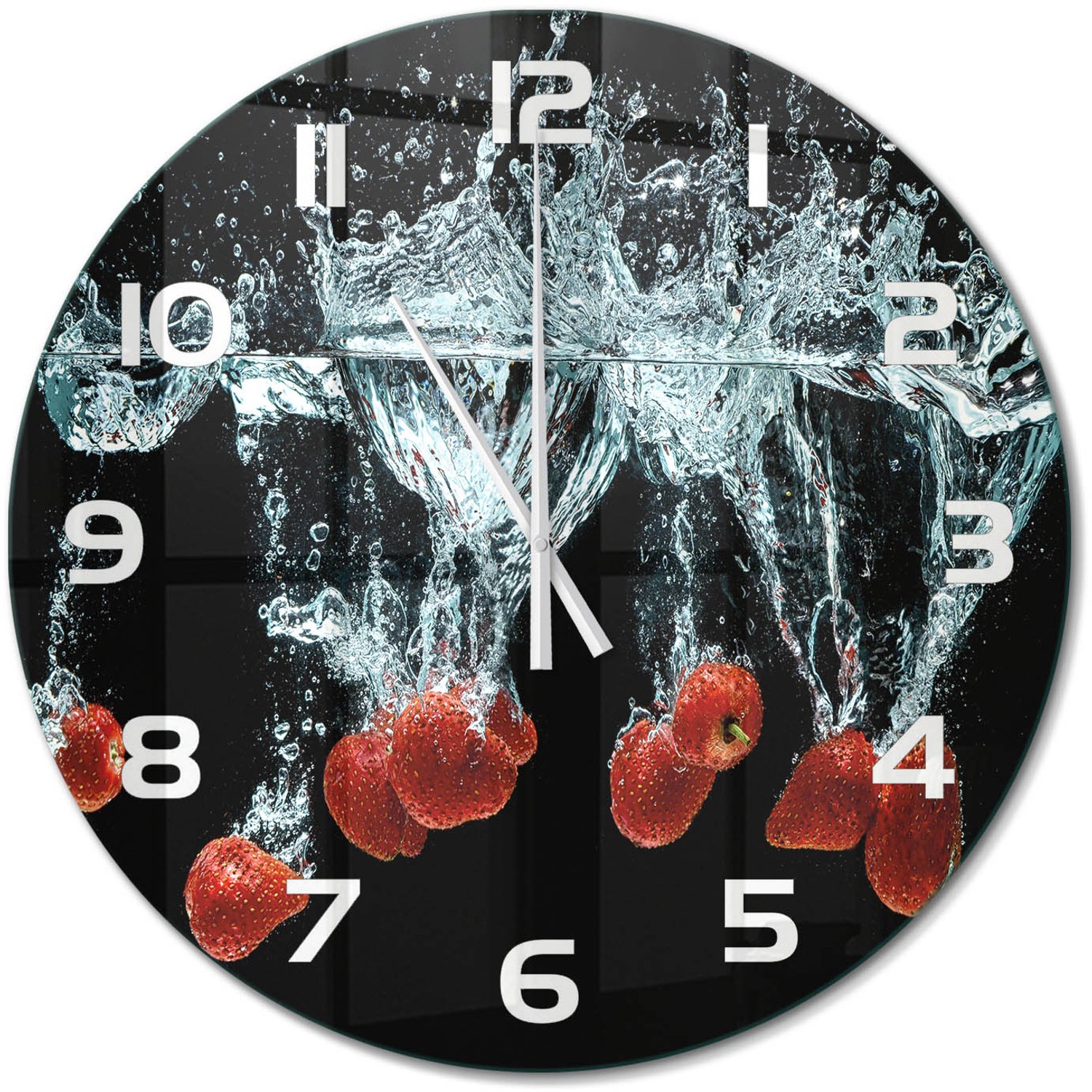 TULUP Wandklok - Aardbeien onder water Glazen Klok Met Print - fi60 cm - Rood Wandklok Glas Met Motief - Witte handen - Ronde Klok - Wandklok Glas Decoratie - Gekleurde Glazen Klok