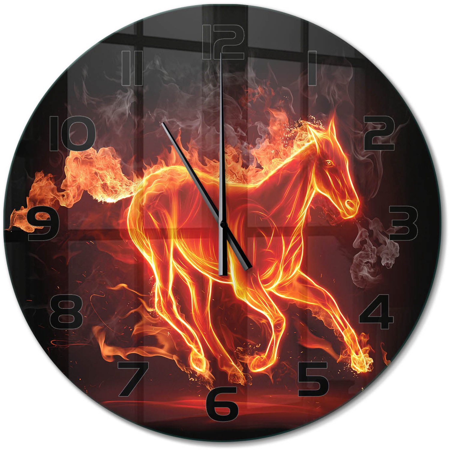 TULUP Wandklok - Paard in vlammen Decoratieve Glazen Klok - fi60 cm - Rood Glazen Wandklok Design - Zwarte handen - Ronde Klok - Glazen Klok Met Print - Wandklok Glas Met Motief