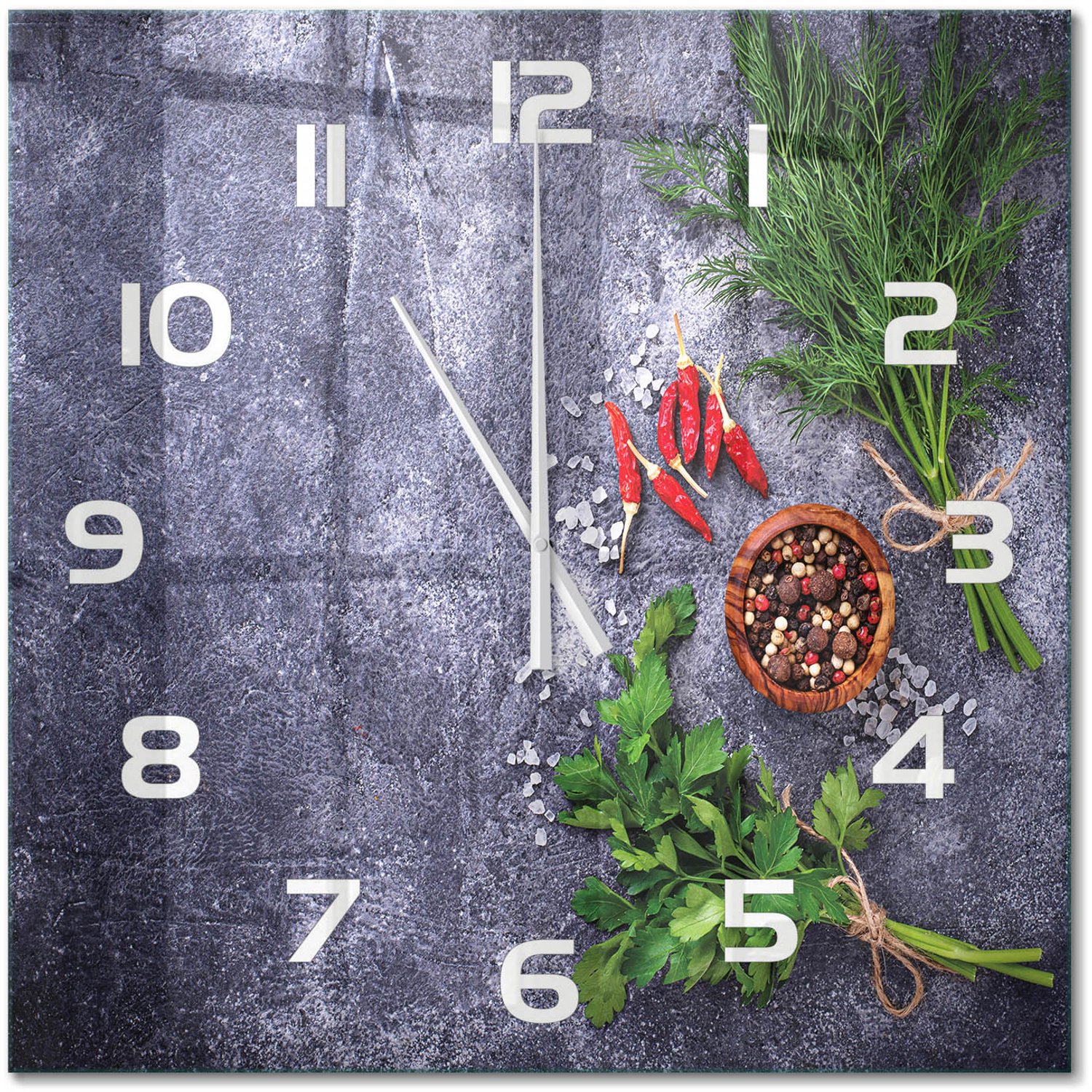 TULUP Wandklok - Kruiden en specerijen Gekleurde Glazen Klok - 60x60 cm - Groente Glazen Klok Met Print - Witte handen - Vierkante Klok - Moderne Wandklok Glas - Wandklok Glas Decoratie