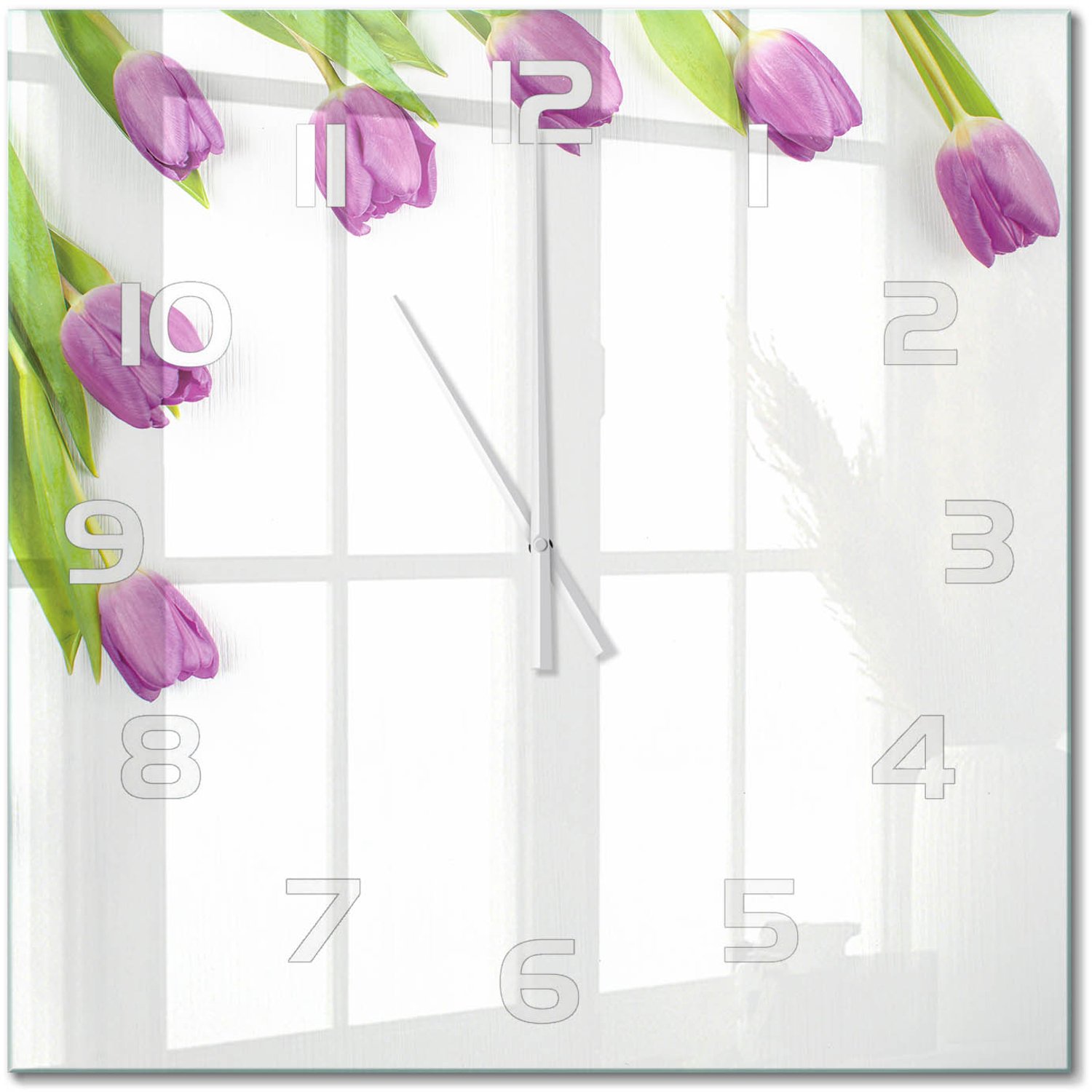 TULUP Wandklok - Paarse tulpen Klok Glas Met Opdruk - 60x60 cm - Paars Moderne Wandklok Glas - Witte handen - Vierkante Klok - Decoratieve Glazen Klok - Glazen Wandklok Design