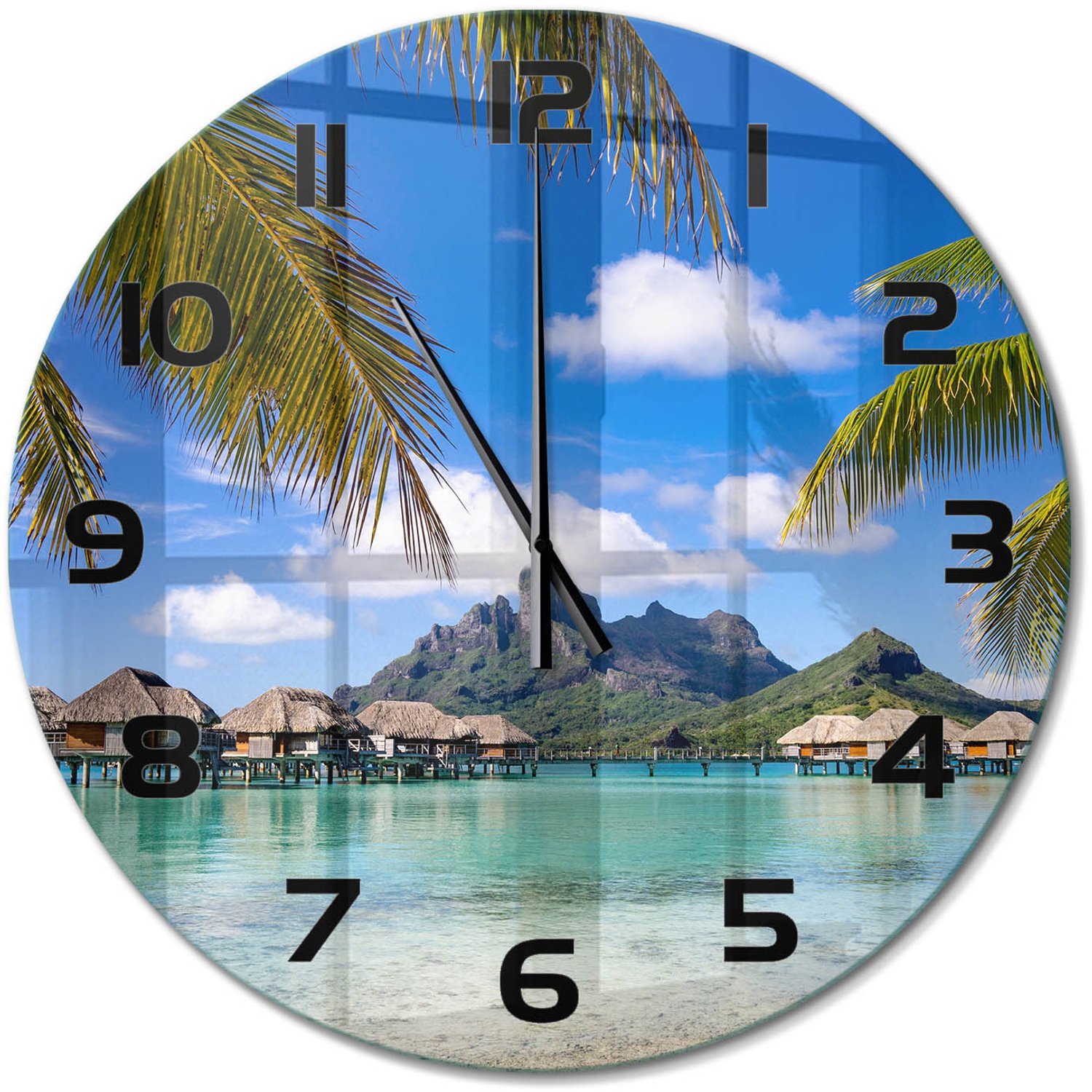 TULUP Wandklok - Palmbomen in Bora Bora Moderne Wandklok Glas - fi60 cm - Veelkleurig Wandklok Glas Decoratie - Zwarte handen - Ronde Klok - Glazen Wandklok Design - Klok Glas Met Opdruk