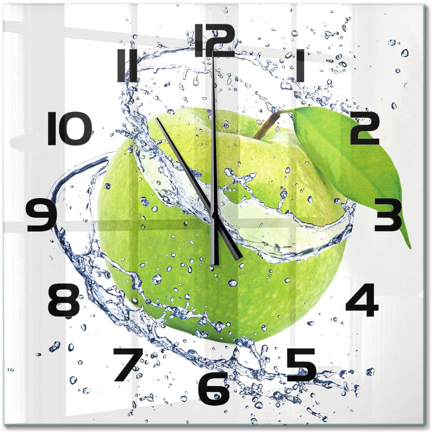 TULUP Wandklok - Groene appel Decoratieve Glazen Klok - 60x60 cm - Groente Glazen Wandklok Design - Zwarte handen - Vierkante Klok - Glazen Klok Met Print - Wandklok Glas Met Motief