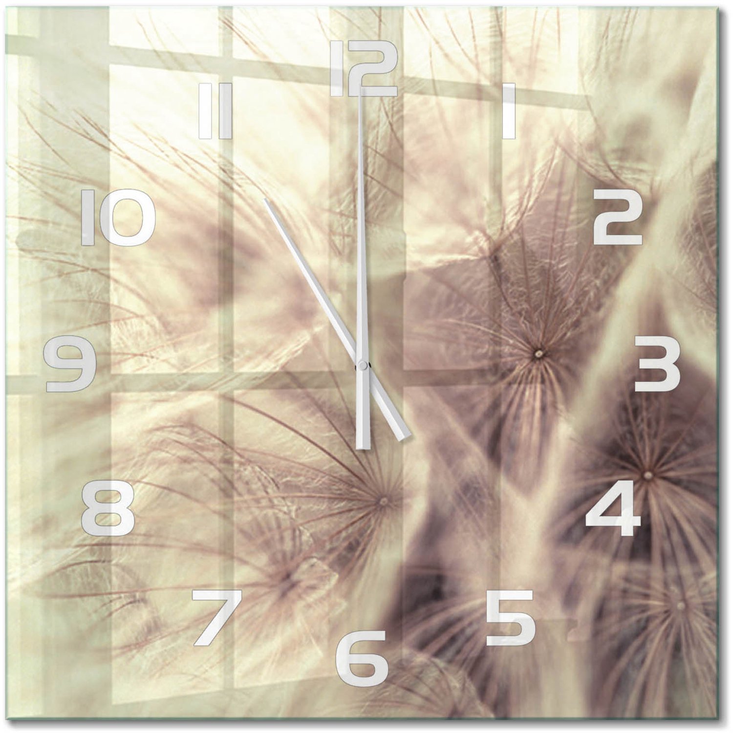 TULUP Wandklok - Paardebloem Wandklok Glas Decoratie - 60x60 cm - Grijs Gekleurde Glazen Klok - Witte handen - Vierkante Klok - Klok Glas Met Opdruk - Moderne Wandklok Glas