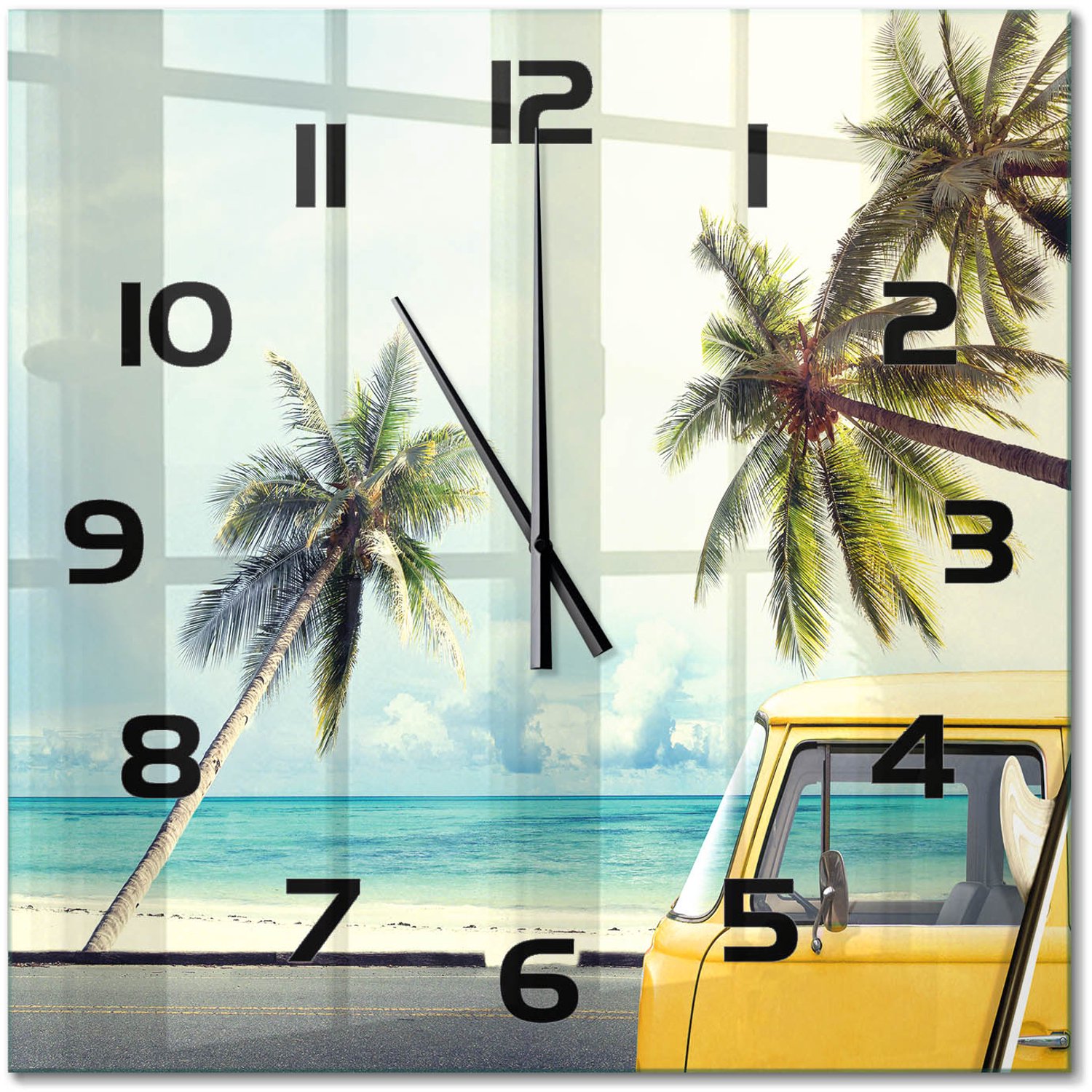 TULUP Wandklok - Van Beach Gekleurde Glazen Klok - 60x60 cm - Geel Glazen Klok Met Print - Zwarte handen - Vierkante Klok - Moderne Wandklok Glas - Wandklok Glas Decoratie