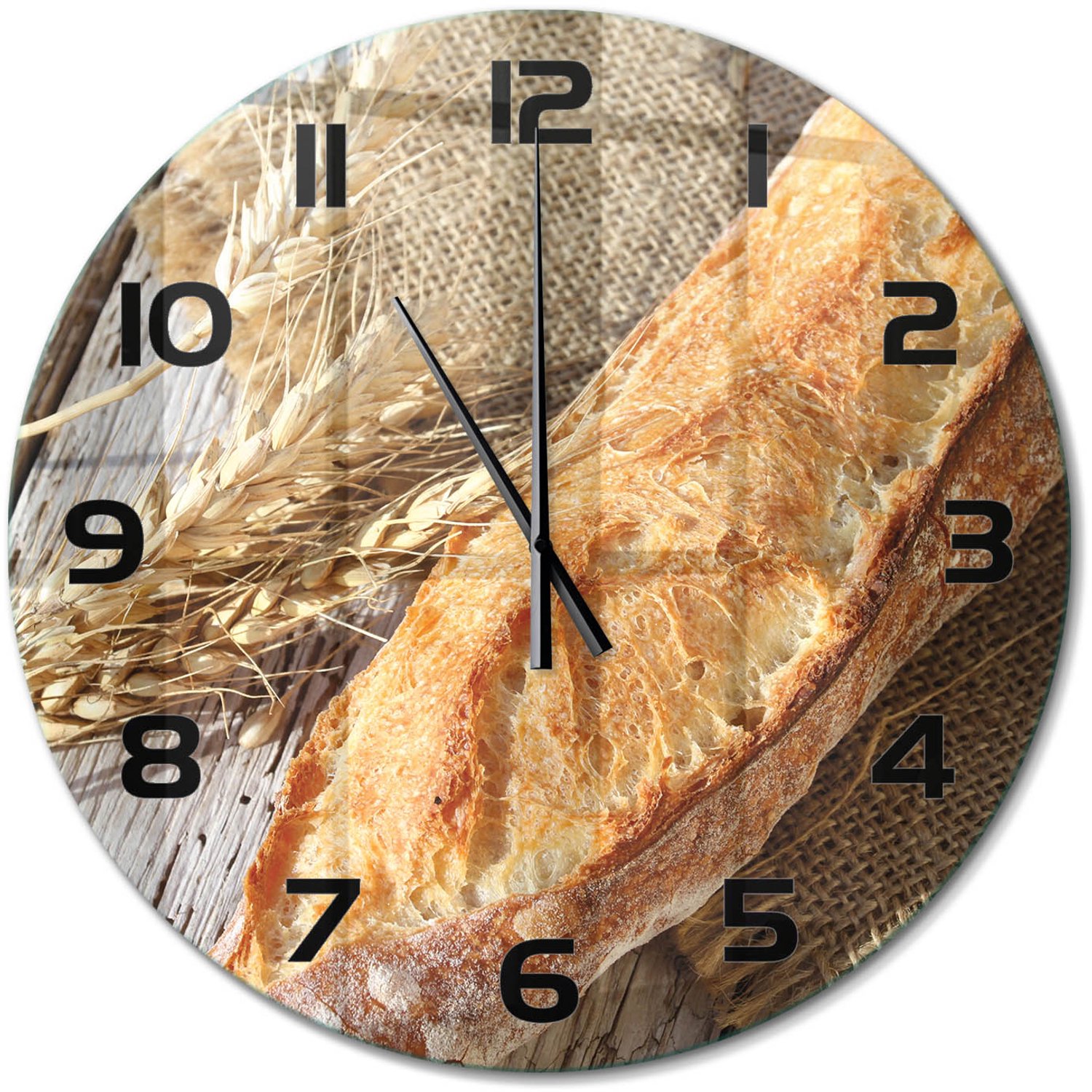TULUP Wandklok - Verse baguette Decoratieve Glazen Klok - fi60 cm - Beige Glazen Wandklok Design - Zwarte handen - Ronde Klok - Glazen Klok Met Print - Wandklok Glas Met Motief