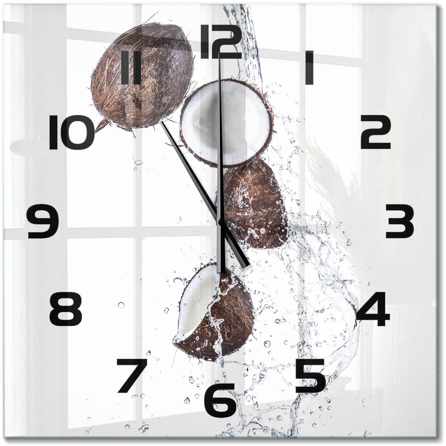 TULUP Wandklok - Kokosnoot met water Gekleurde Glazen Klok - 60x60 cm - Bruin Glazen Klok Met Print - Zwarte handen - Vierkante Klok - Moderne Wandklok Glas - Wandklok Glas Decoratie