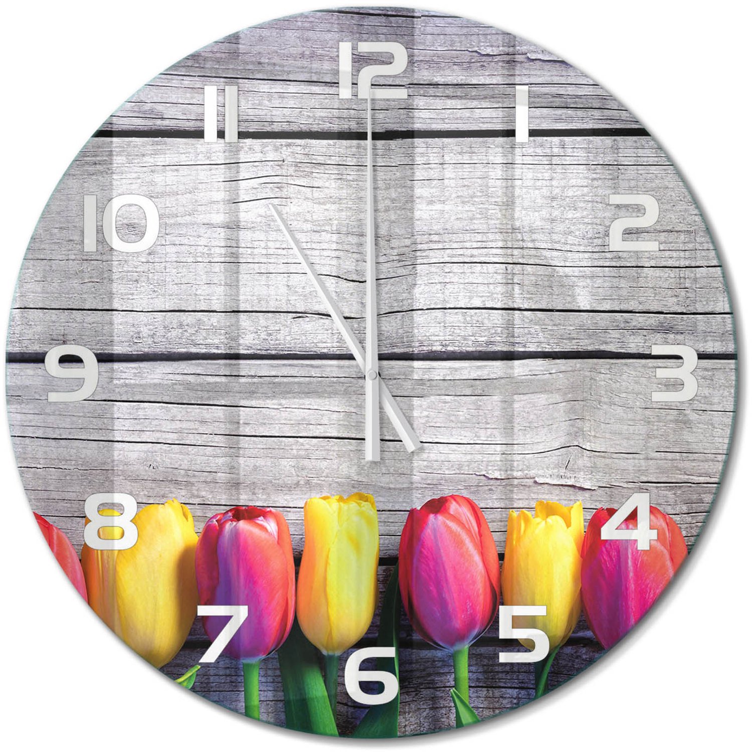 TULUP Wandklok - Tulpen op hout Moderne Wandklok Glas - fi60 cm - Veelkleurig Wandklok Glas Decoratie - Witte handen - Ronde Klok - Glazen Wandklok Design - Klok Glas Met Opdruk