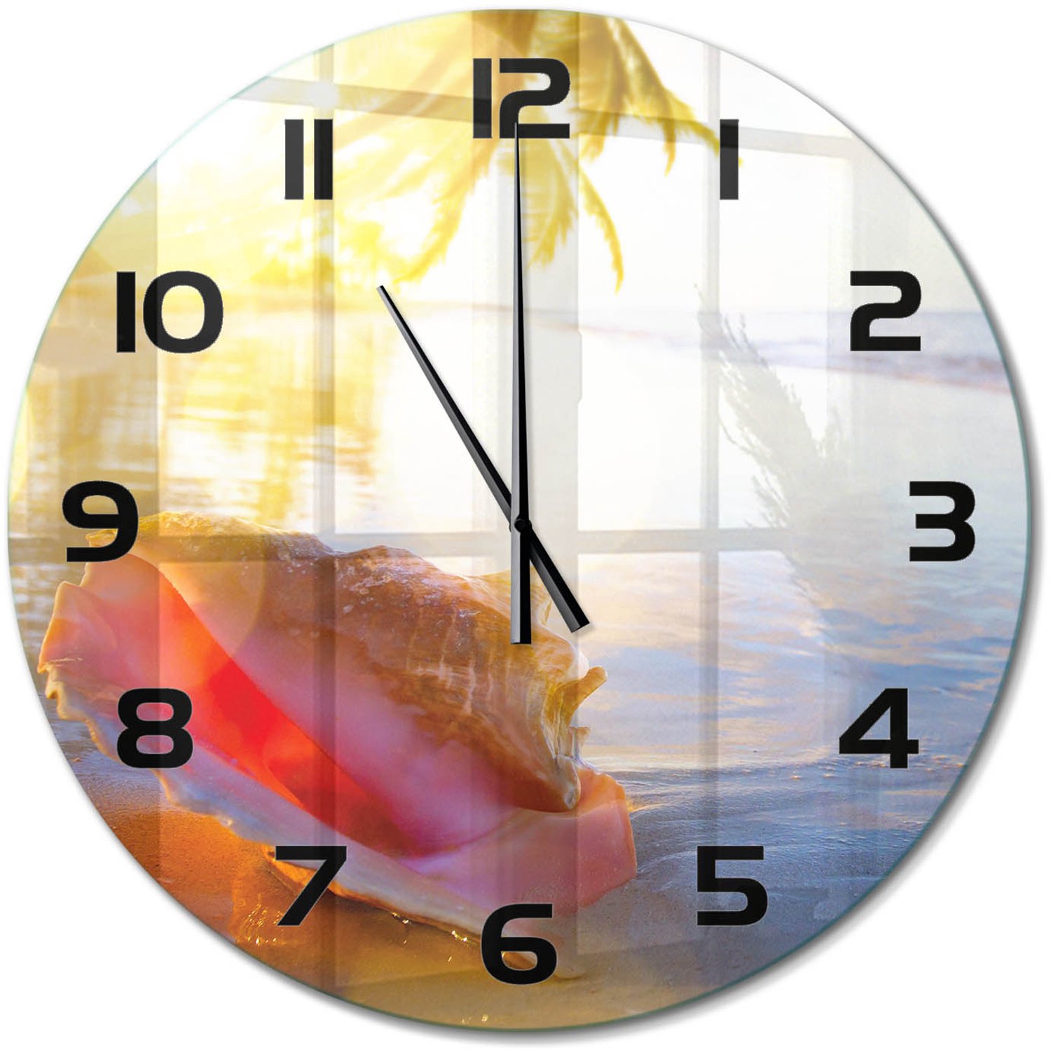 TULUP Wandklok - Een schelp op het strand Moderne Wandklok Glas - fi60 cm - Veelkleurig Wandklok Glas Decoratie - Zwarte handen - Ronde Klok - Glazen Wandklok Design - Klok Glas Met Opdruk