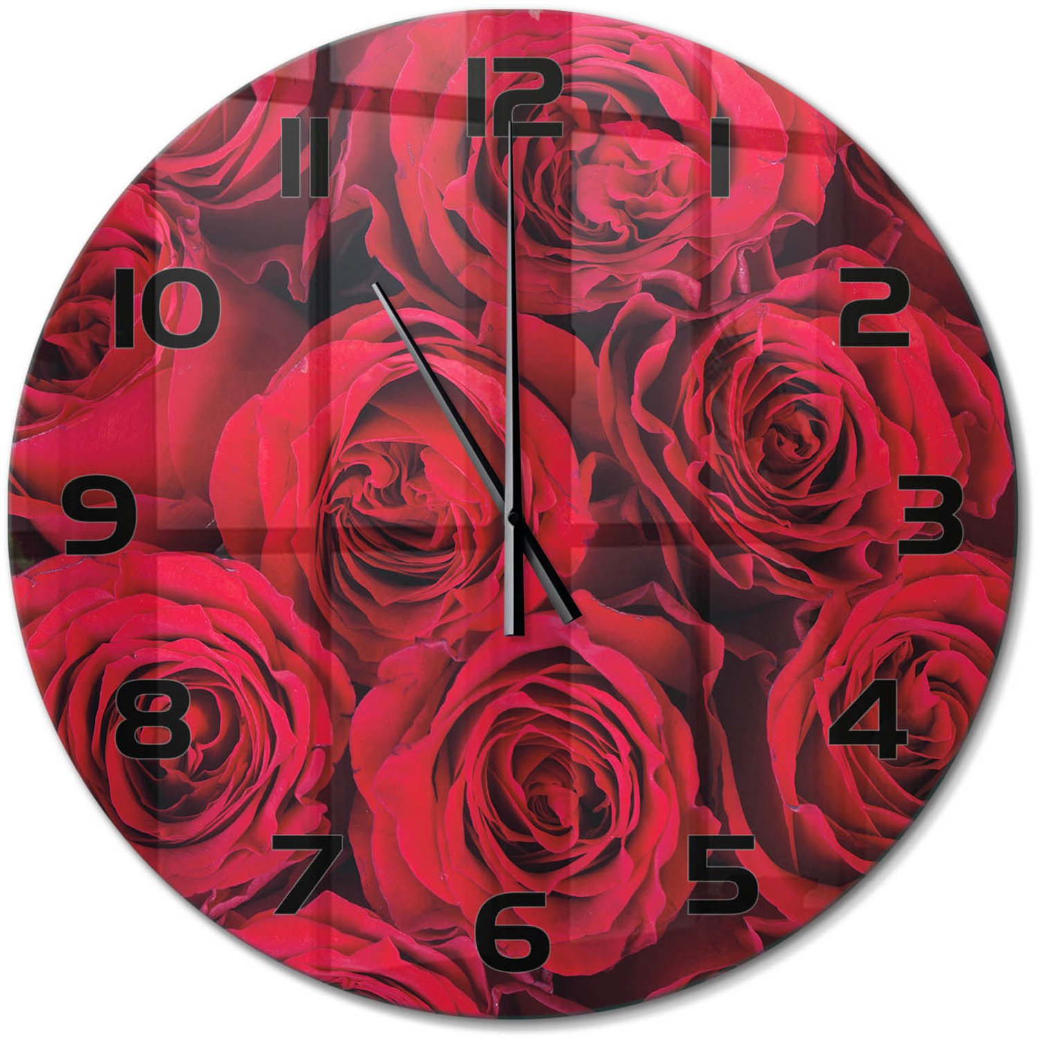 TULUP Wandklok - Rozen Wandklok Glas Met Motief - fi60 cm - Rood Decoratieve Glazen Klok - Zwarte handen - Ronde Klok - Gekleurde Glazen Klok - Glazen Klok Met Print