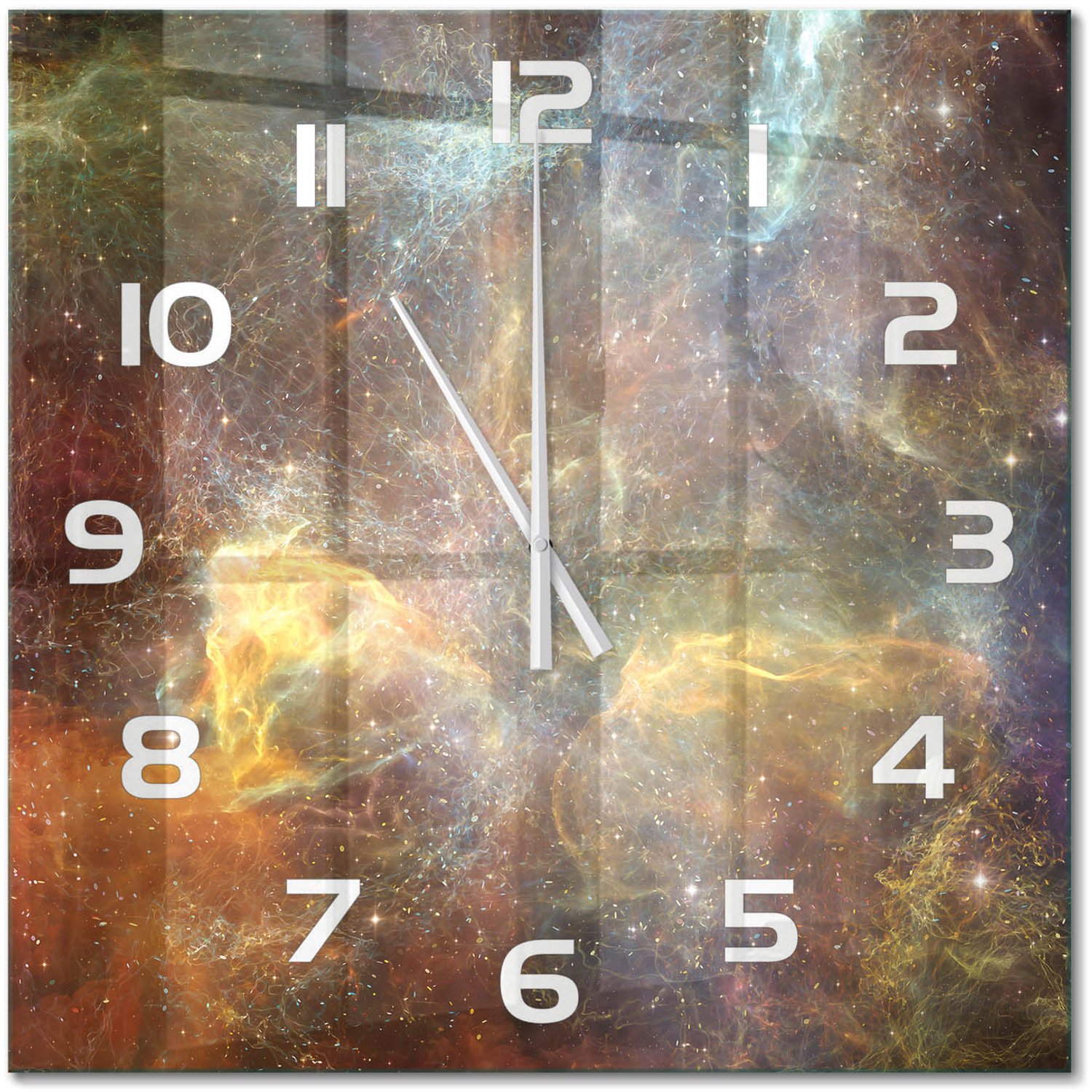 TULUP Wandklok - Kosmos Decoratieve Glazen Klok - 60x60 cm - Veelkleurig Glazen Wandklok Design - Witte handen - Vierkante Klok - Glazen Klok Met Print - Wandklok Glas Met Motief