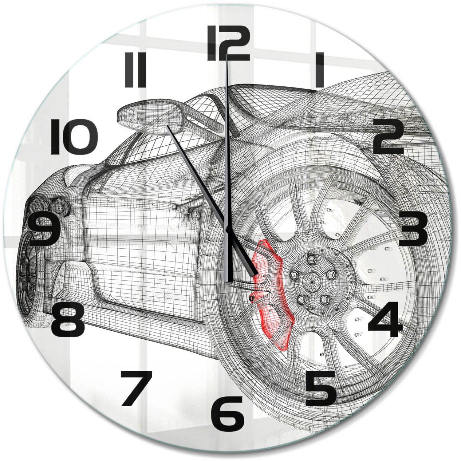 TULUP Wandklok - Autogrille Wandklok Glas Met Motief - fi60 cm - Rood Decoratieve Glazen Klok - Zwarte handen - Ronde Klok - Gekleurde Glazen Klok - Glazen Klok Met Print