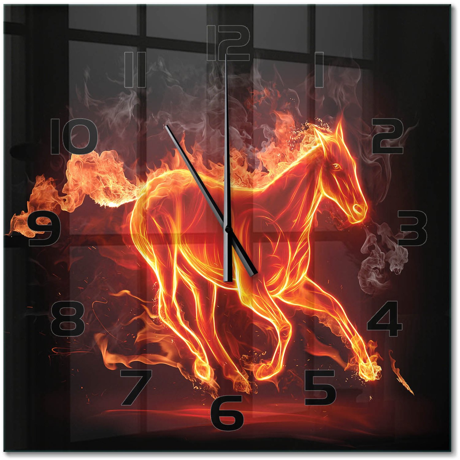 TULUP Wandklok - Paard in vlammen Wandklok Glas Decoratie - 60x60 cm - Rood Gekleurde Glazen Klok - Zwarte handen - Vierkante Klok - Klok Glas Met Opdruk - Moderne Wandklok Glas