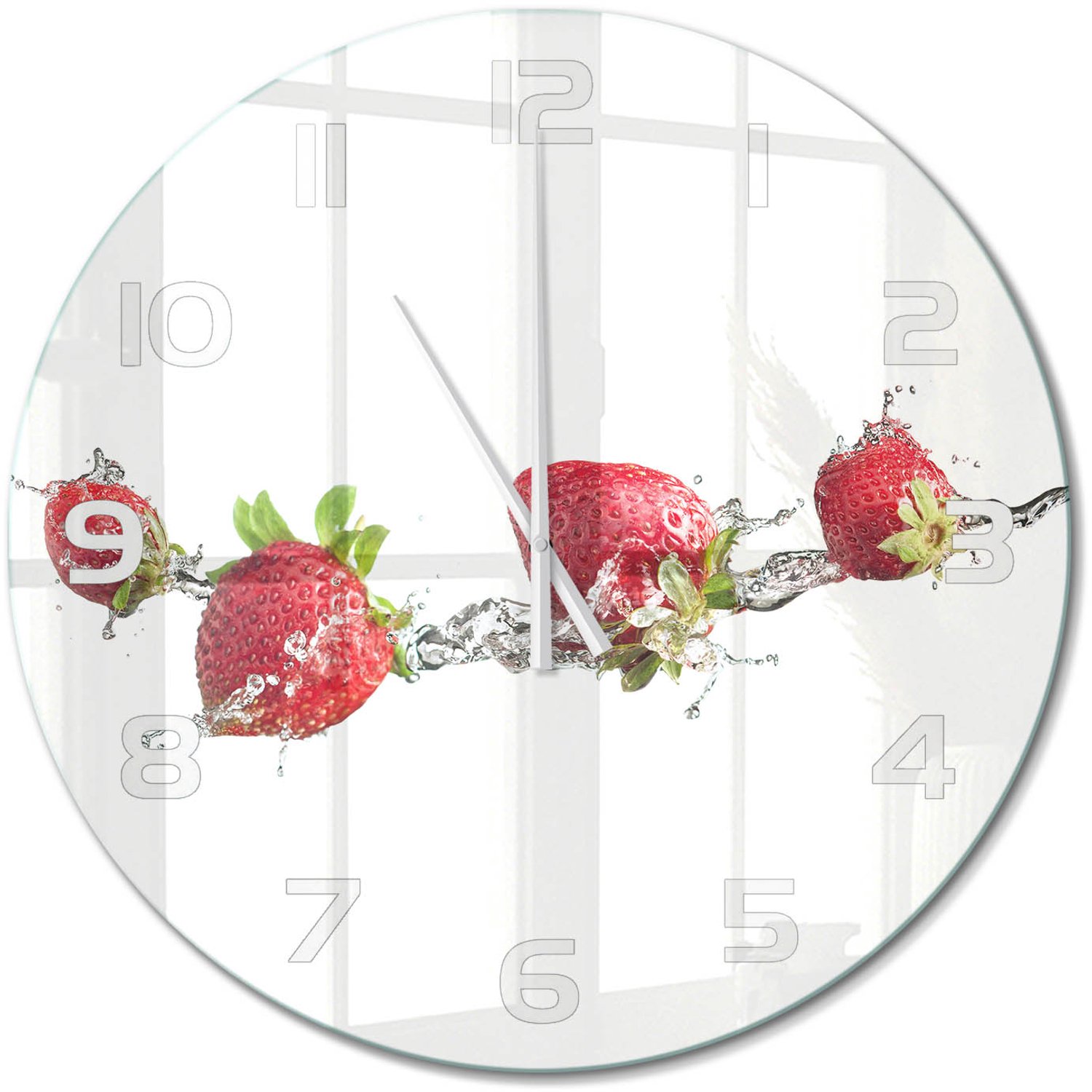 TULUP Wandklok - Aardbeien en water Decoratieve Glazen Klok - fi60 cm - Rood Glazen Wandklok Design - Witte handen - Ronde Klok - Glazen Klok Met Print - Wandklok Glas Met Motief