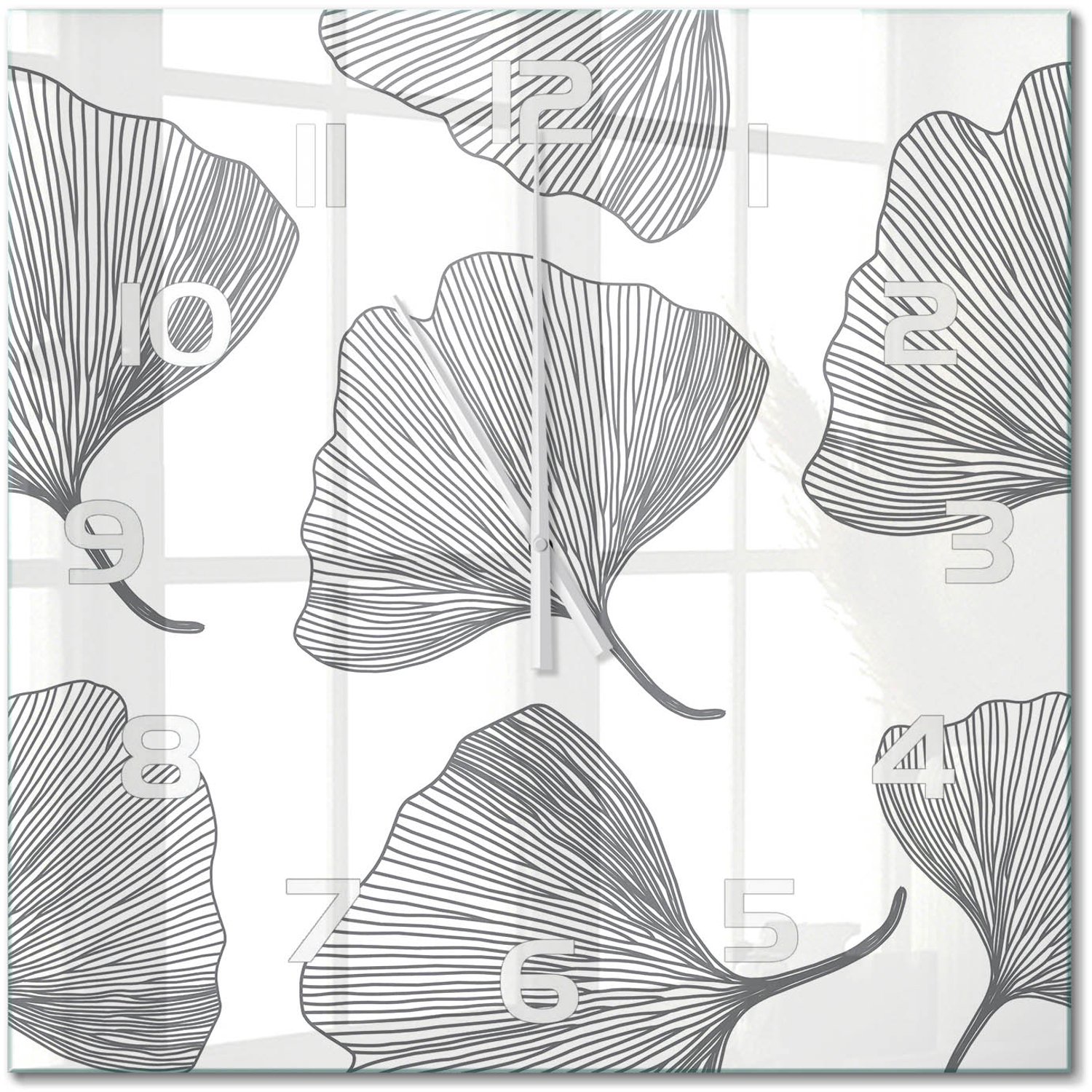 TULUP Wandklok - Ginkgo Wandklok Glas Decoratie - 60x60 cm - Zwart-wit Gekleurde Glazen Klok - Witte handen - Vierkante Klok - Klok Glas Met Opdruk - Moderne Wandklok Glas