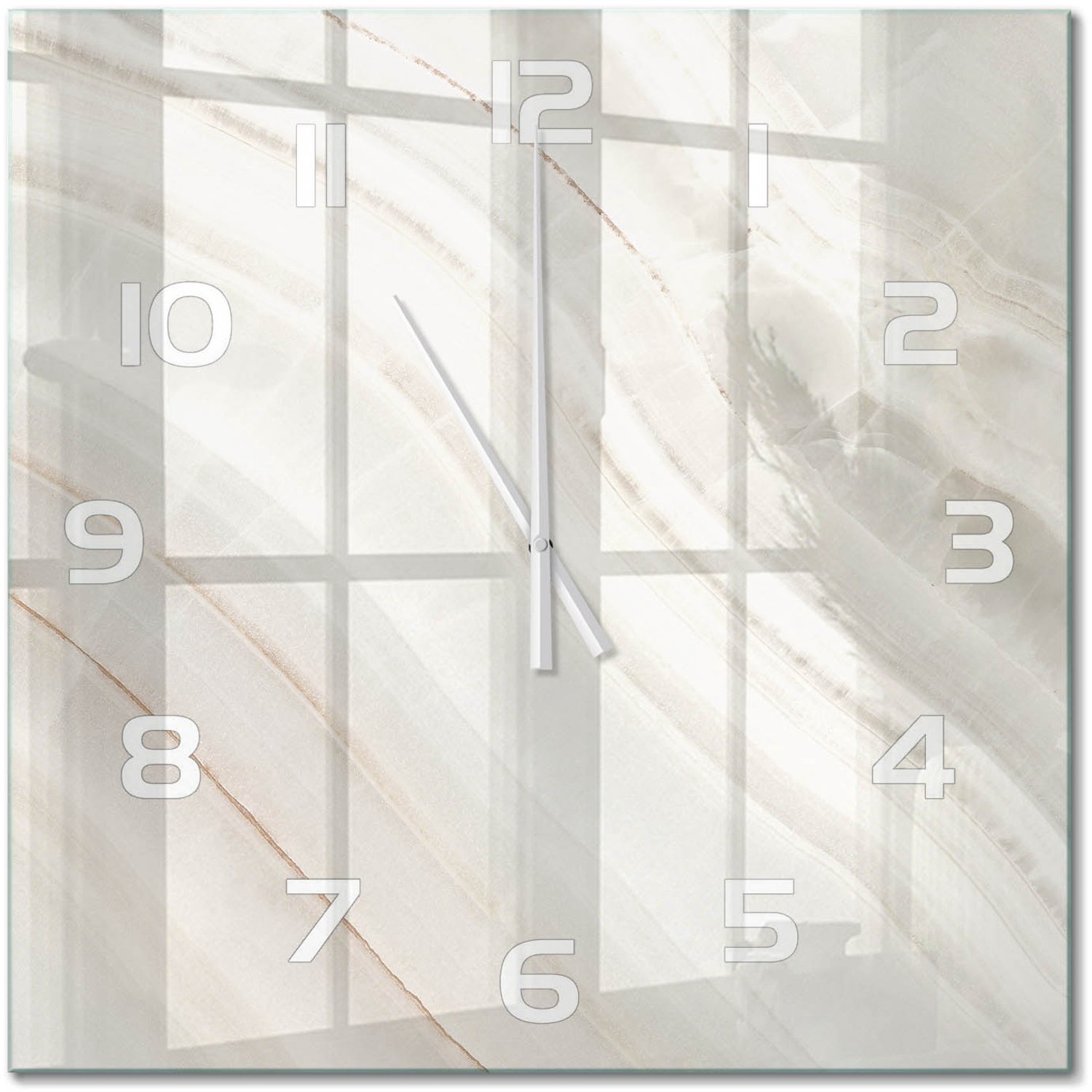 TULUP Wandklok - Marmertextuur Glazen Wandklok Design - 60x60 cm - Beige Klok Glas Met Opdruk - Witte handen - Vierkante Klok - Wandklok Glas Met Motief - Decoratieve Glazen Klok