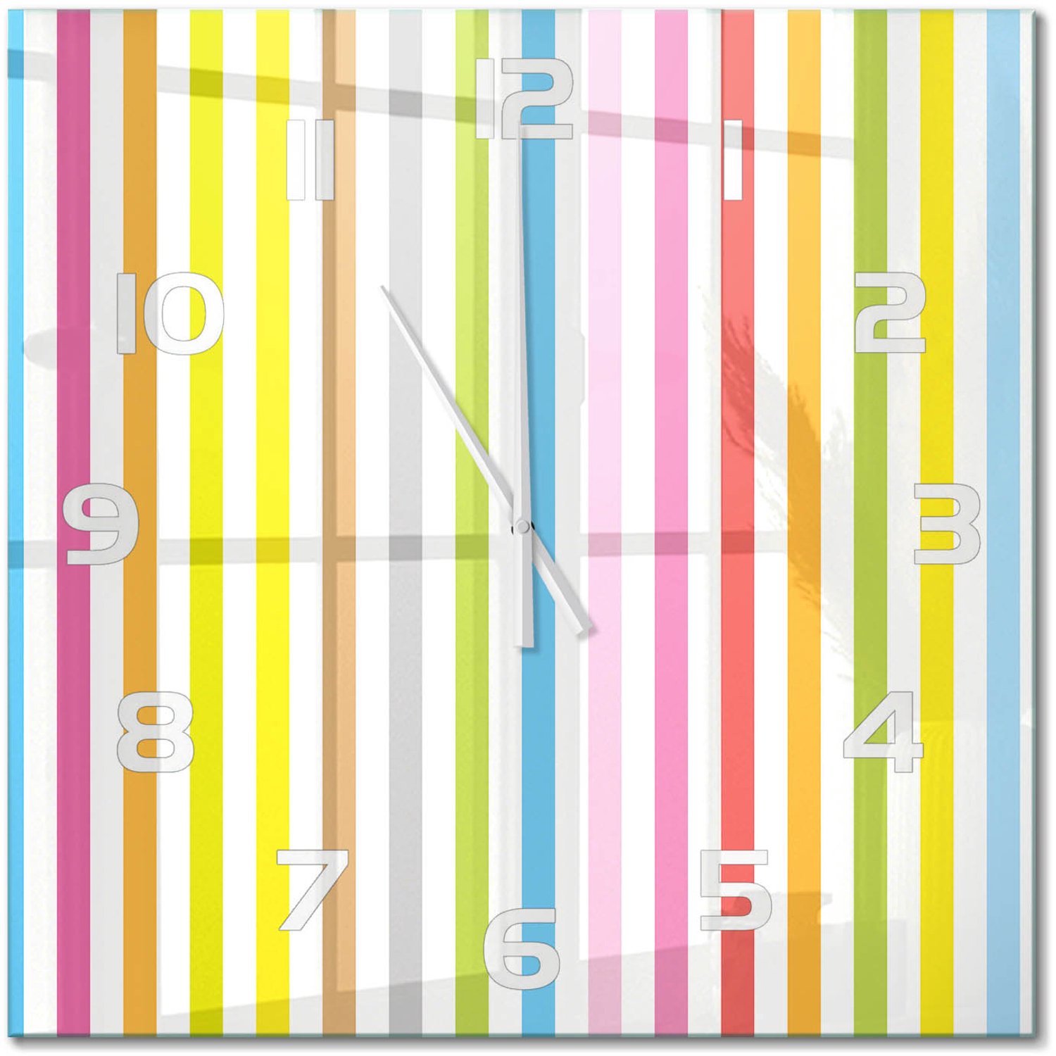 TULUP Wandklok - Kleurrijke strepen Glazen Wandklok Design - 60x60 cm - Veelkleurig Klok Glas Met Opdruk - Witte handen - Vierkante Klok - Wandklok Glas Met Motief - Decoratieve Glazen Klok