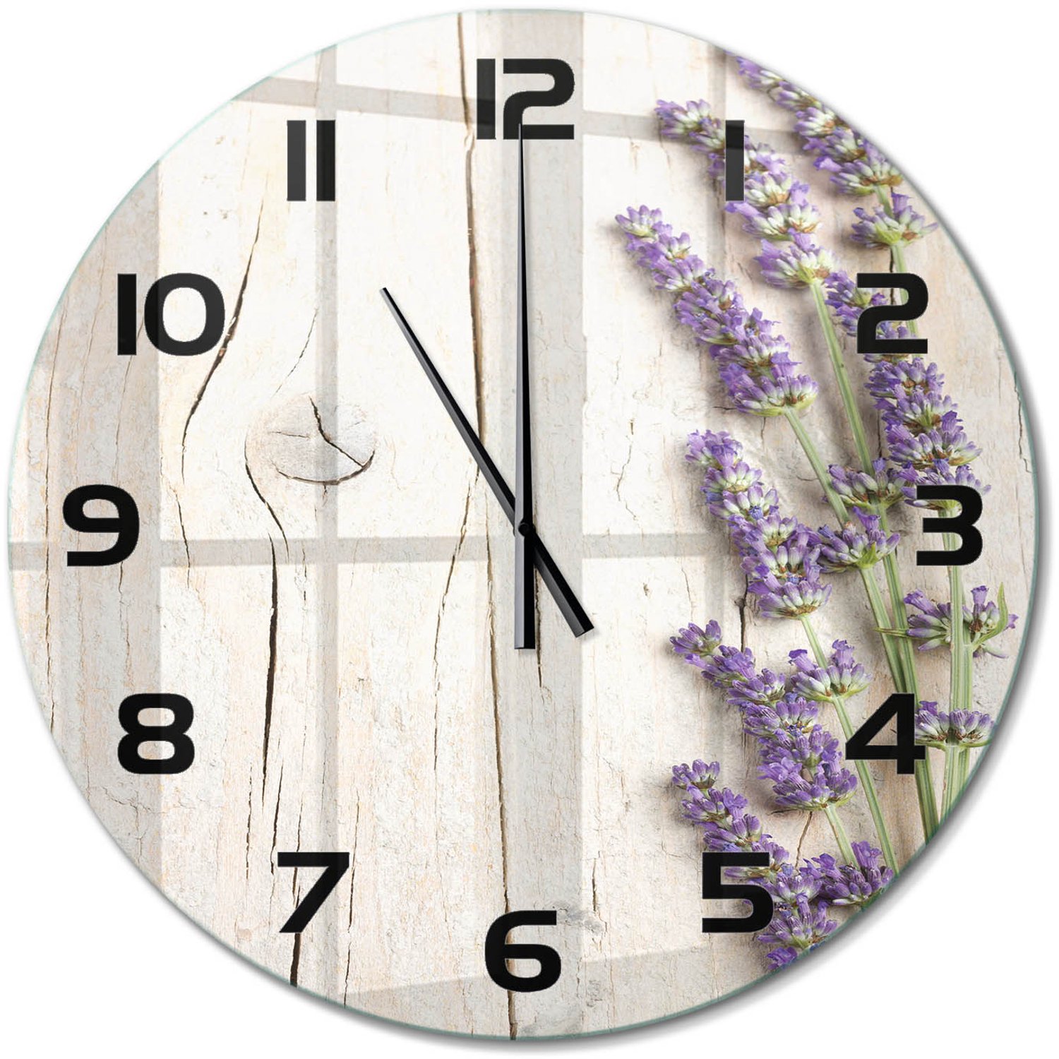 TULUP Wandklok - Lavendel op hout Wandklok Glas Met Motief - fi60 cm - Paars Decoratieve Glazen Klok - Zwarte handen - Ronde Klok - Gekleurde Glazen Klok - Glazen Klok Met Print