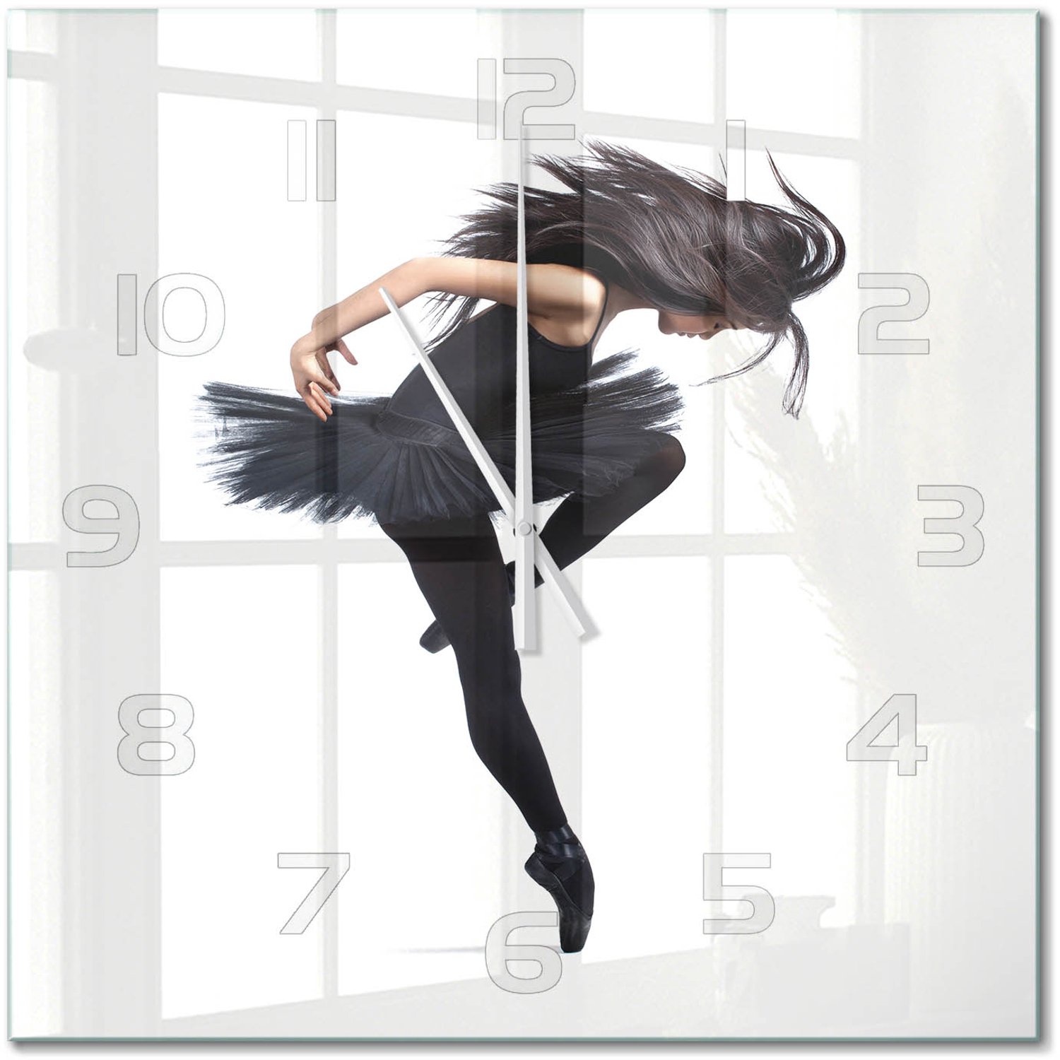 TULUP Wandklok - Ballerina Wandklok Glas Met Motief - 60x60 cm - Zwart Decoratieve Glazen Klok - Witte handen - Vierkante Klok - Gekleurde Glazen Klok - Glazen Klok Met Print