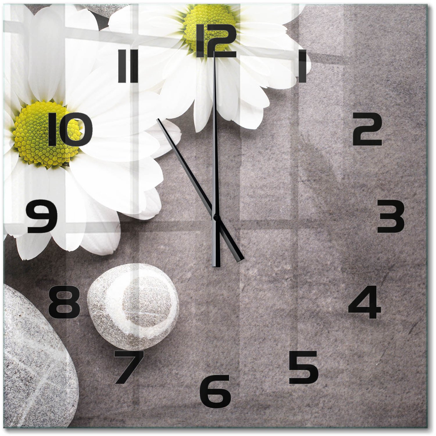 TULUP Wandklok - Gerbera bloem Decoratieve Glazen Klok - 60x60 cm - Wit Glazen Wandklok Design - Zwarte handen - Vierkante Klok - Glazen Klok Met Print - Wandklok Glas Met Motief