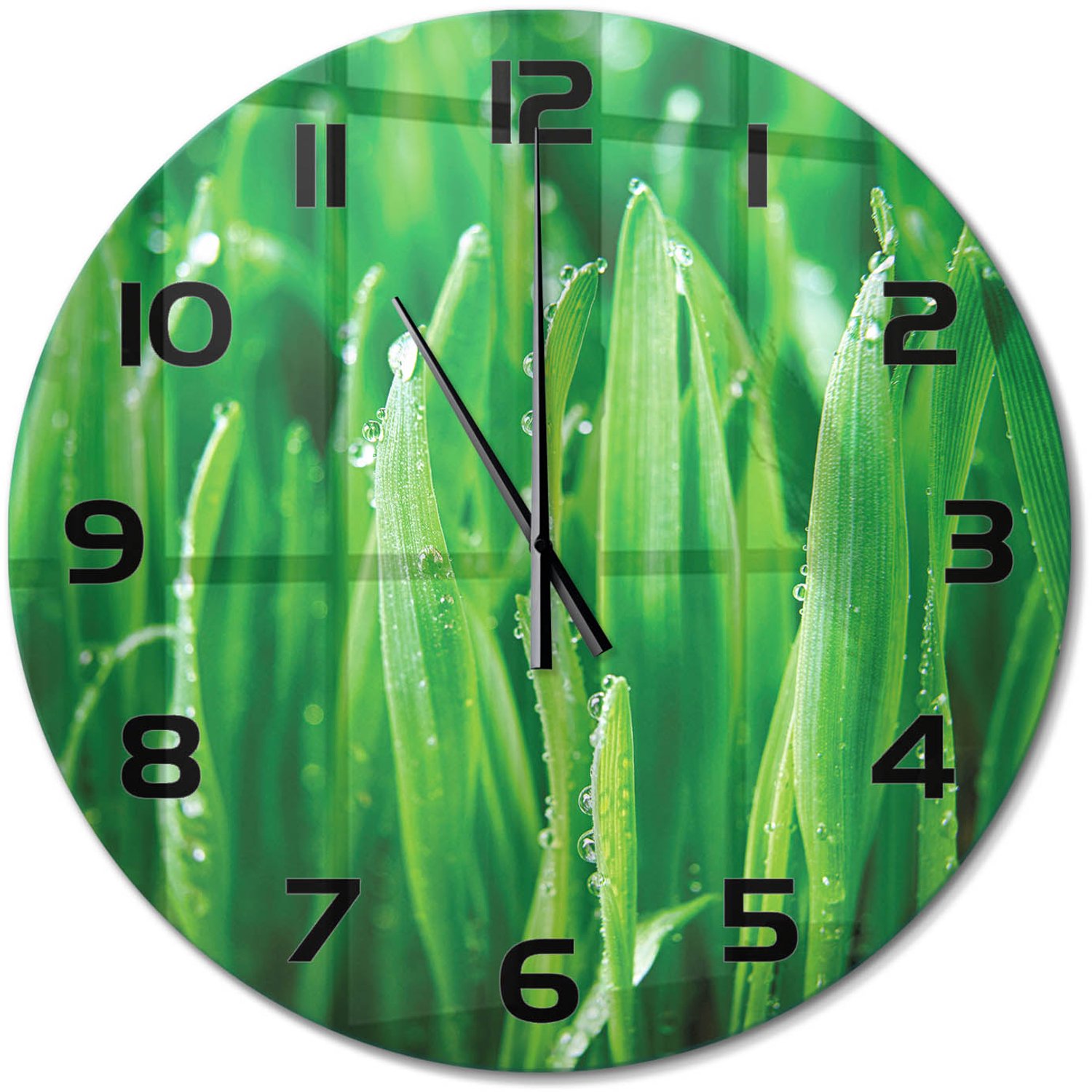 TULUP Wandklok - Gras Moderne Wandklok Glas - fi60 cm - Groente Wandklok Glas Decoratie - Zwarte handen - Ronde Klok - Glazen Wandklok Design - Klok Glas Met Opdruk