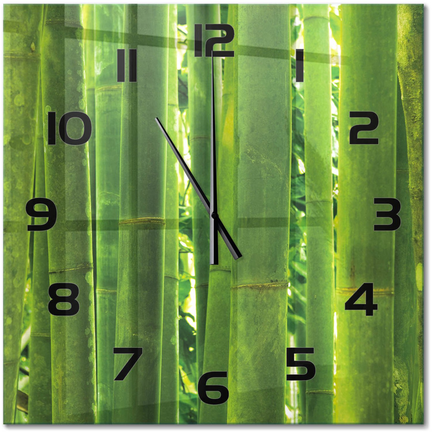TULUP Wandklok - Bamboe Klok Glas Met Opdruk - 60x60 cm - Groente Moderne Wandklok Glas - Zwarte handen - Vierkante Klok - Decoratieve Glazen Klok - Glazen Wandklok Design