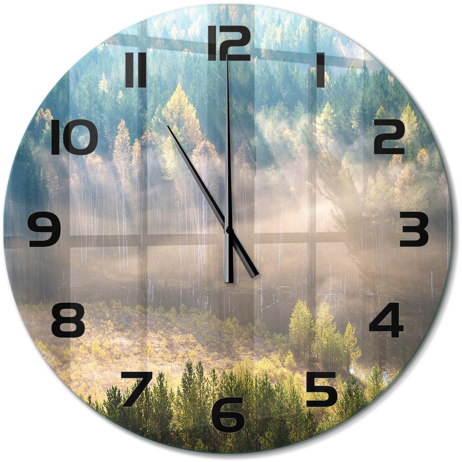 TULUP Wandklok - Mist in het bos Wandklok Glas Met Motief - fi60 cm - Groente Decoratieve Glazen Klok - Zwarte handen - Ronde Klok - Gekleurde Glazen Klok - Glazen Klok Met Print