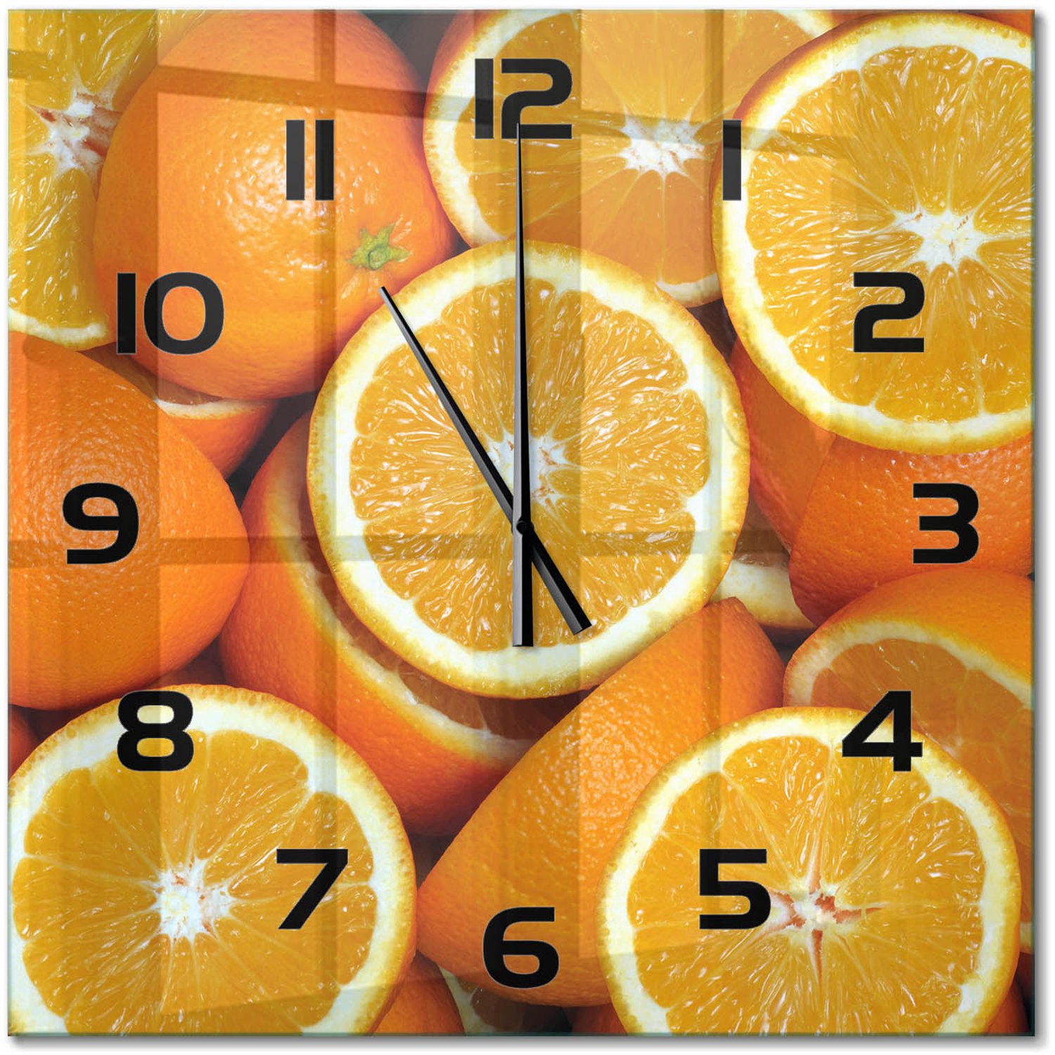 TULUP Wandklok - Sinaasappelhelften Glazen Klok Met Print - 60x60 cm - Oranje Wandklok Glas Met Motief - Zwarte handen - Vierkante Klok - Wandklok Glas Decoratie - Gekleurde Glazen Klok