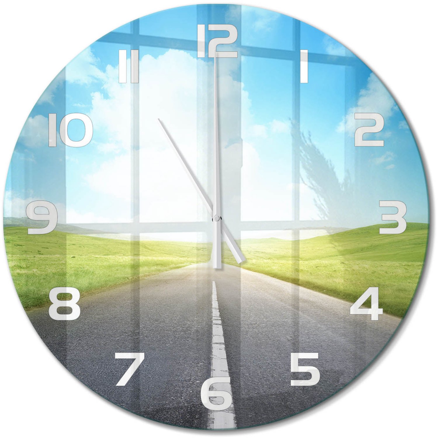TULUP Wandklok - De weg door de weide Gekleurde Glazen Klok - fi60 cm - Groente Glazen Klok Met Print - Witte handen - Ronde Klok - Moderne Wandklok Glas - Wandklok Glas Decoratie