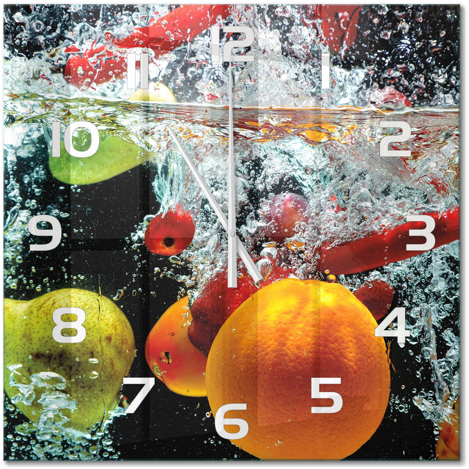 TULUP Wandklok - Fruit onder water Moderne Wandklok Glas - 60x60 cm - Veelkleurig Wandklok Glas Decoratie - Witte handen - Vierkante Klok - Glazen Wandklok Design - Klok Glas Met Opdruk